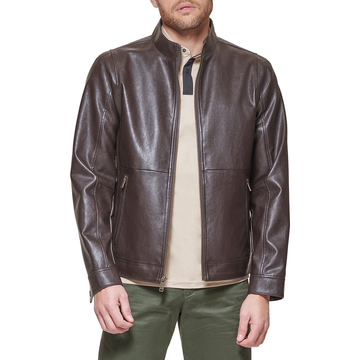 Dockers Men's The Dylan Faux Leather Racer Jacket, dark brown, Medium