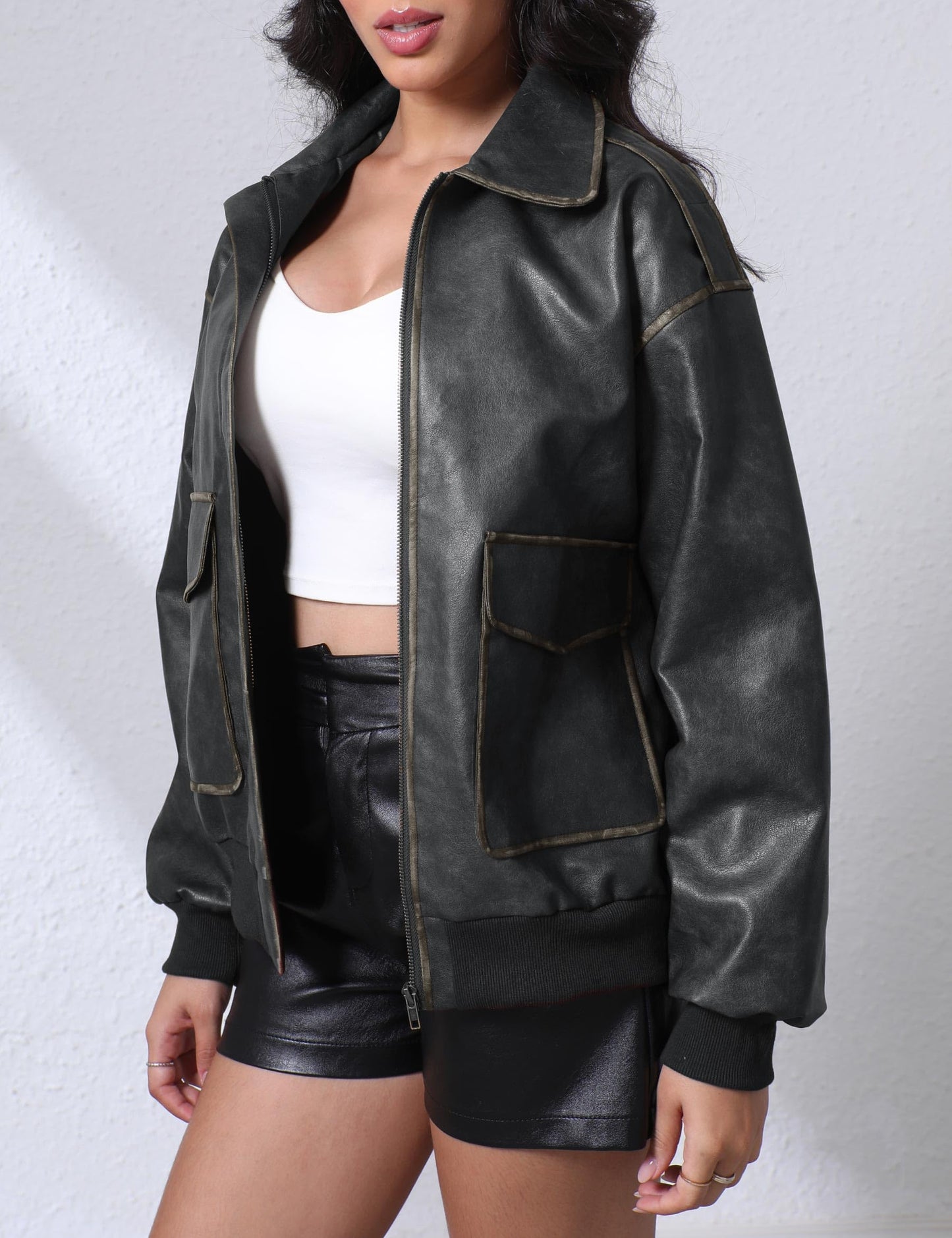 Nitzana Women's Faux Leather Jacket Trendy 2026 Oversized Zip Up Motorcycle Bomber Jacket Coats Fall Winter Outerwear Black M