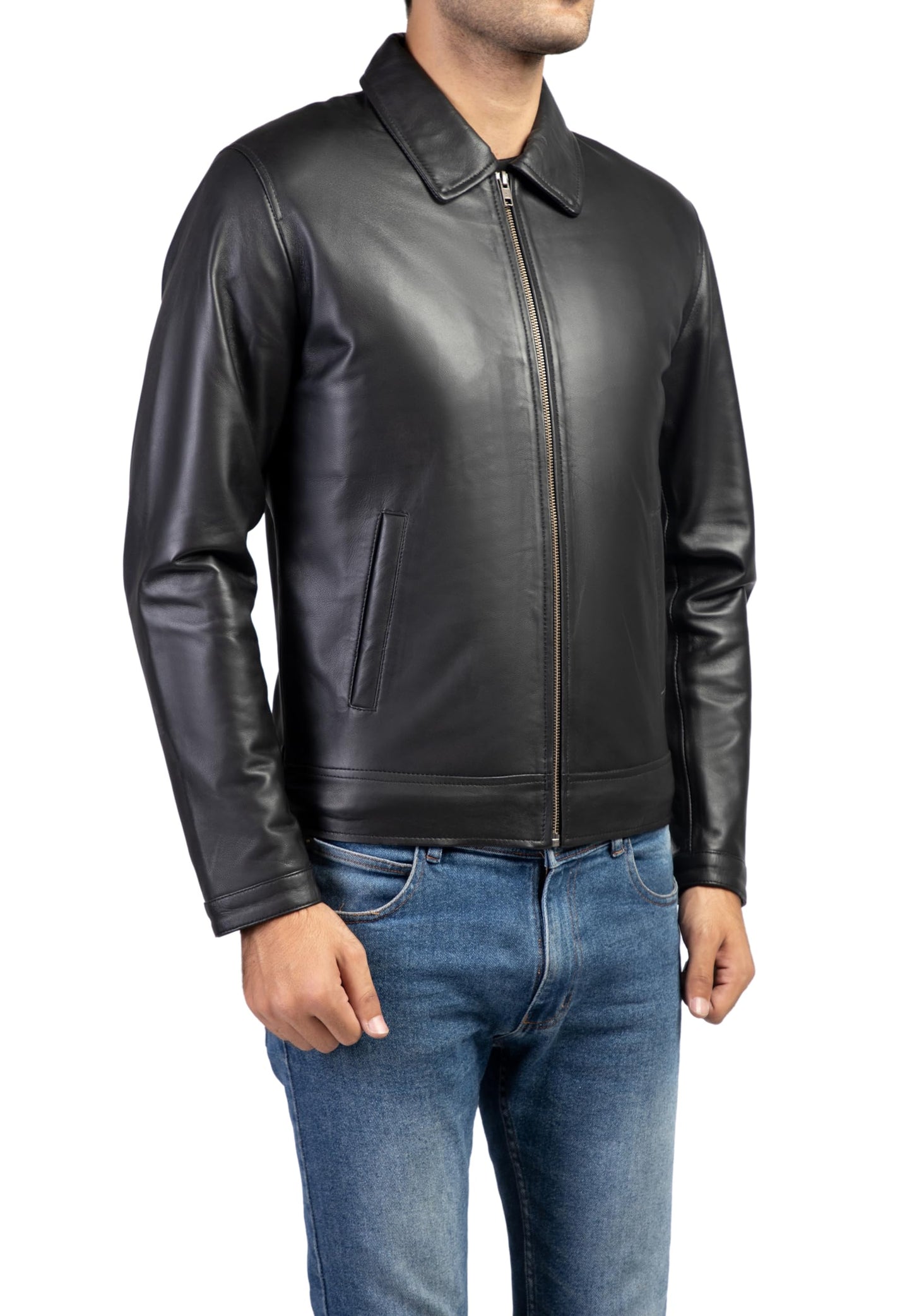 Jild Polo Collar Premium Leather Jacket Men - Old School Classic Style Everyday Wear Real Lambskin Mens Leather Jacket (Polo-Blk-M)
