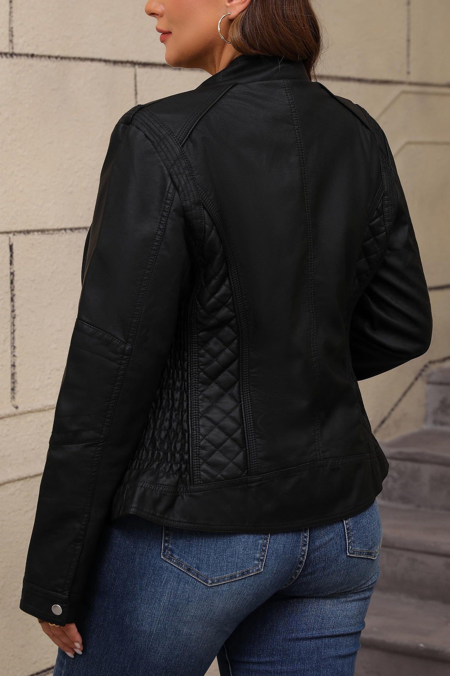 Bellivera Faux Leather Jacket Women Motorcycle Zipper Stand Collar Bomber PU Bike Coat with Pockets PU36 Black XL
