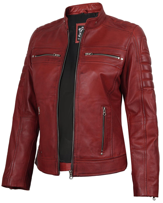 Decrum Womens Leather Jacket - Leather Motorcycle Jacket Women | [1329145] Cafe Rcr Red Wax, XL