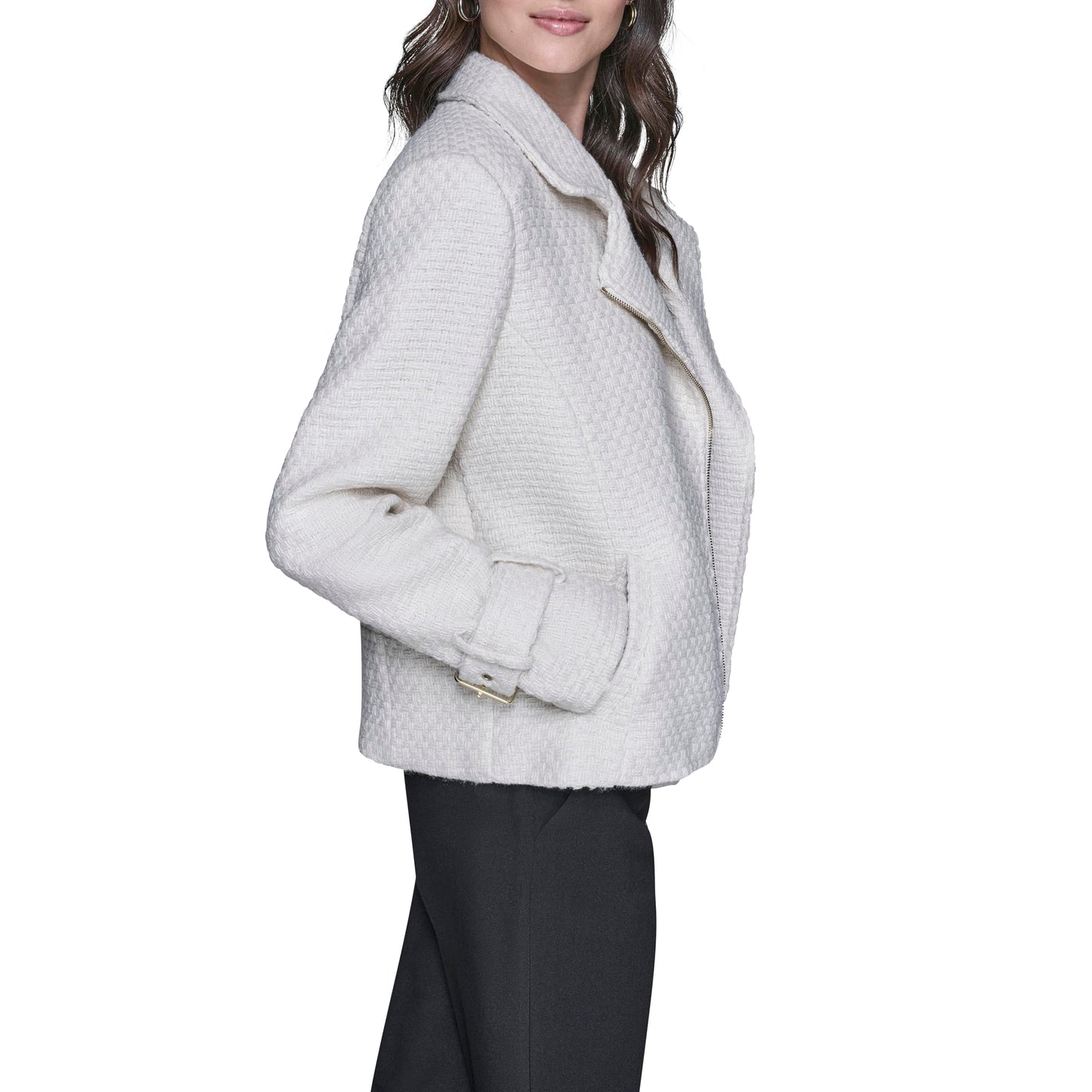KARL LAGERFELD Paris Women's Long Sleeve Soft Suiting Jacket with Zipper Closure, Cream, Small