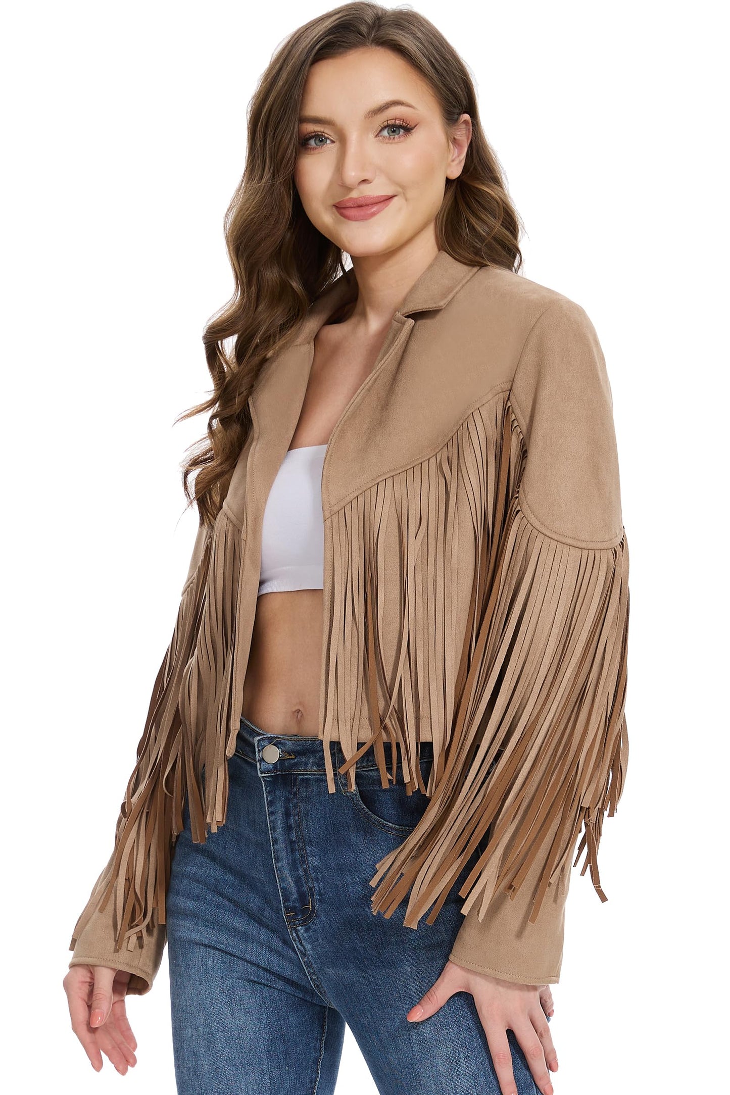 Fahsyee Fringe Leather Jacket Women, Western Cowgirl Outfits for Women Country Concert Wear Suede Cropped Coat Camel S
