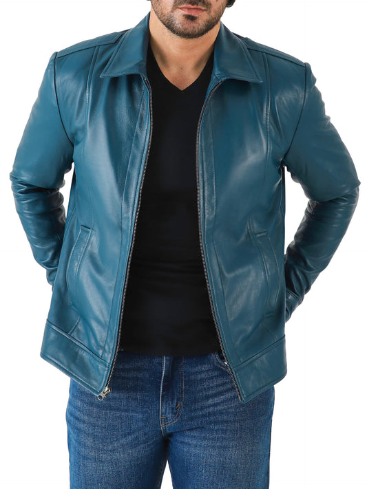 Jild Classic Shirt Collar Leather Jacket Men - John Wick Style Real Lambskin Mens Leather Jacket (John.W-Blue-XL)