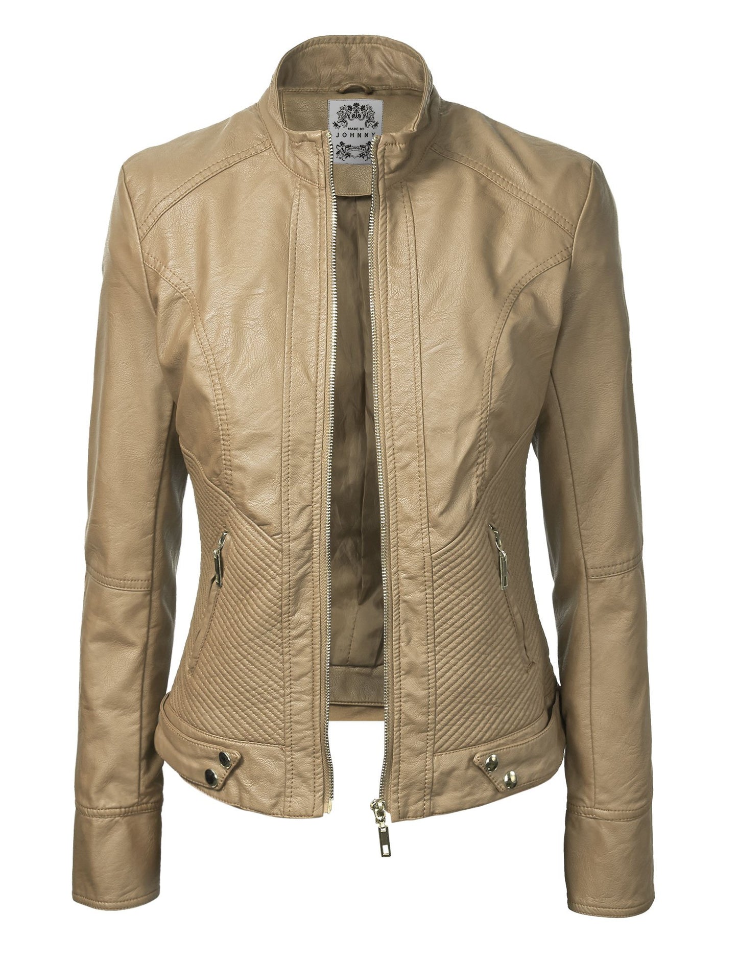 Made By Johnny MBJ WJC747 Womens Dressy Vegan Leather Biker Jacket M Khaki
