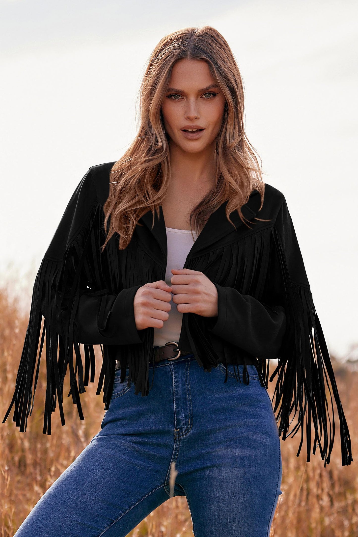 PRETTYGARDEN Women's Fringe Faux Suede Leather Jackets Fall Fashion 2025 Tassel Motorcycle Cropped Coats (Black,X-Large)