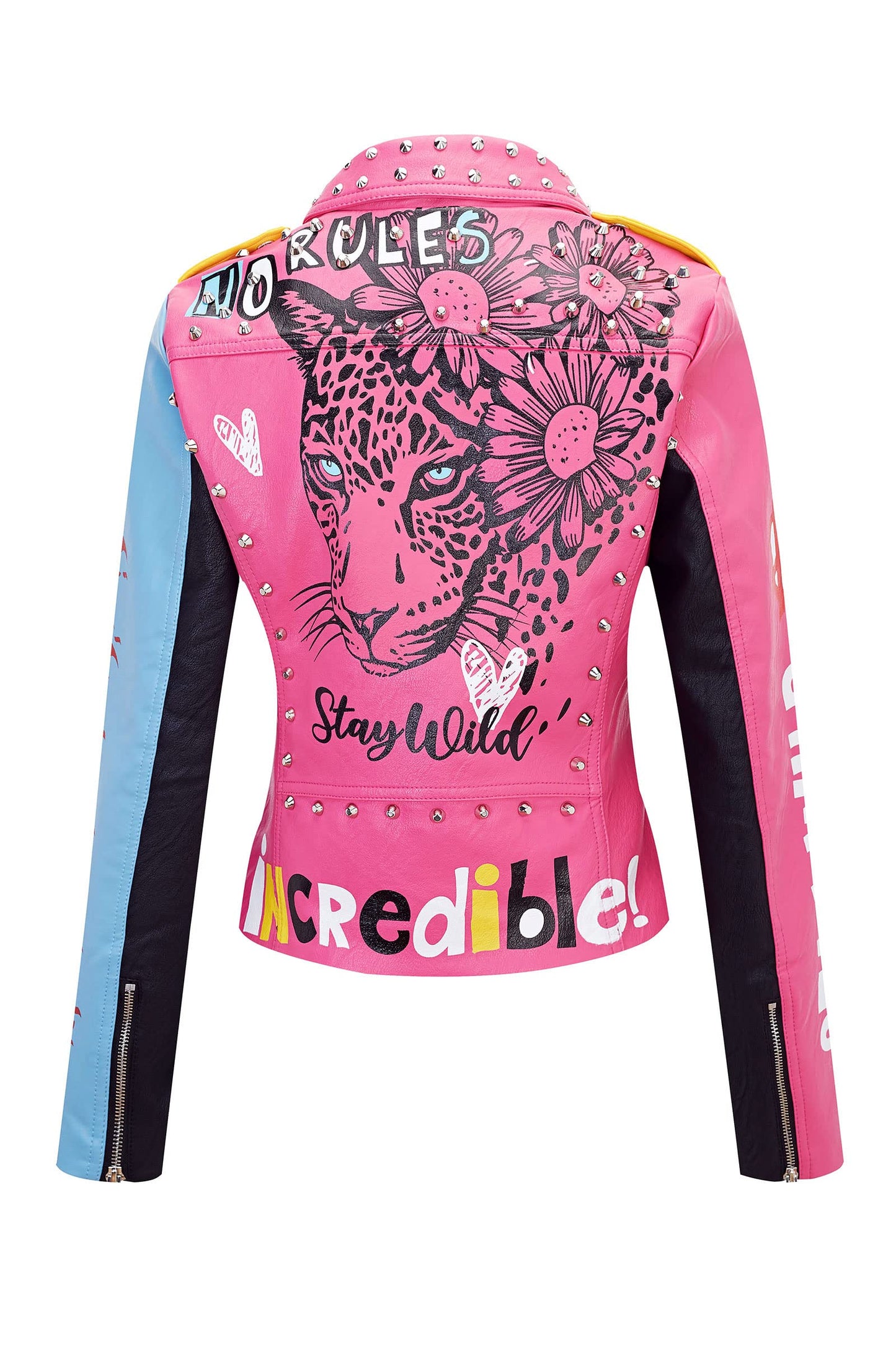 RISISSIDA Studded Leather Jacket Women Moto Motorcycle Faux Leather Short Coat Black-pink 0375 M