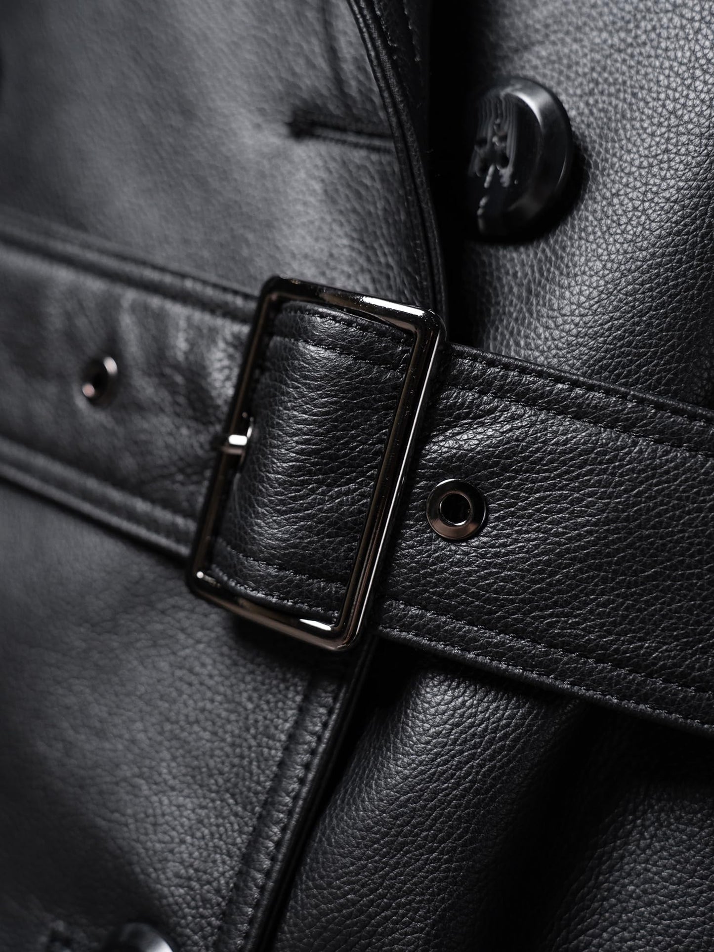 WPKDS Men's Genuine Leather Trench Coat, Mid-Length Double Breasted with Belt, Leather Overcoat Jacket (US, Alpha, XX-Large, Regular, Regular, Black)