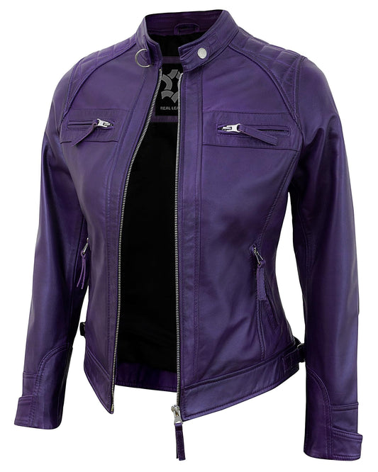 UrbanFocal Purple Leather Jacket Women - Real Lambskin Stylish Outerwear Leather Jackets For Womens | [101002905] Purple Diamond1, XL