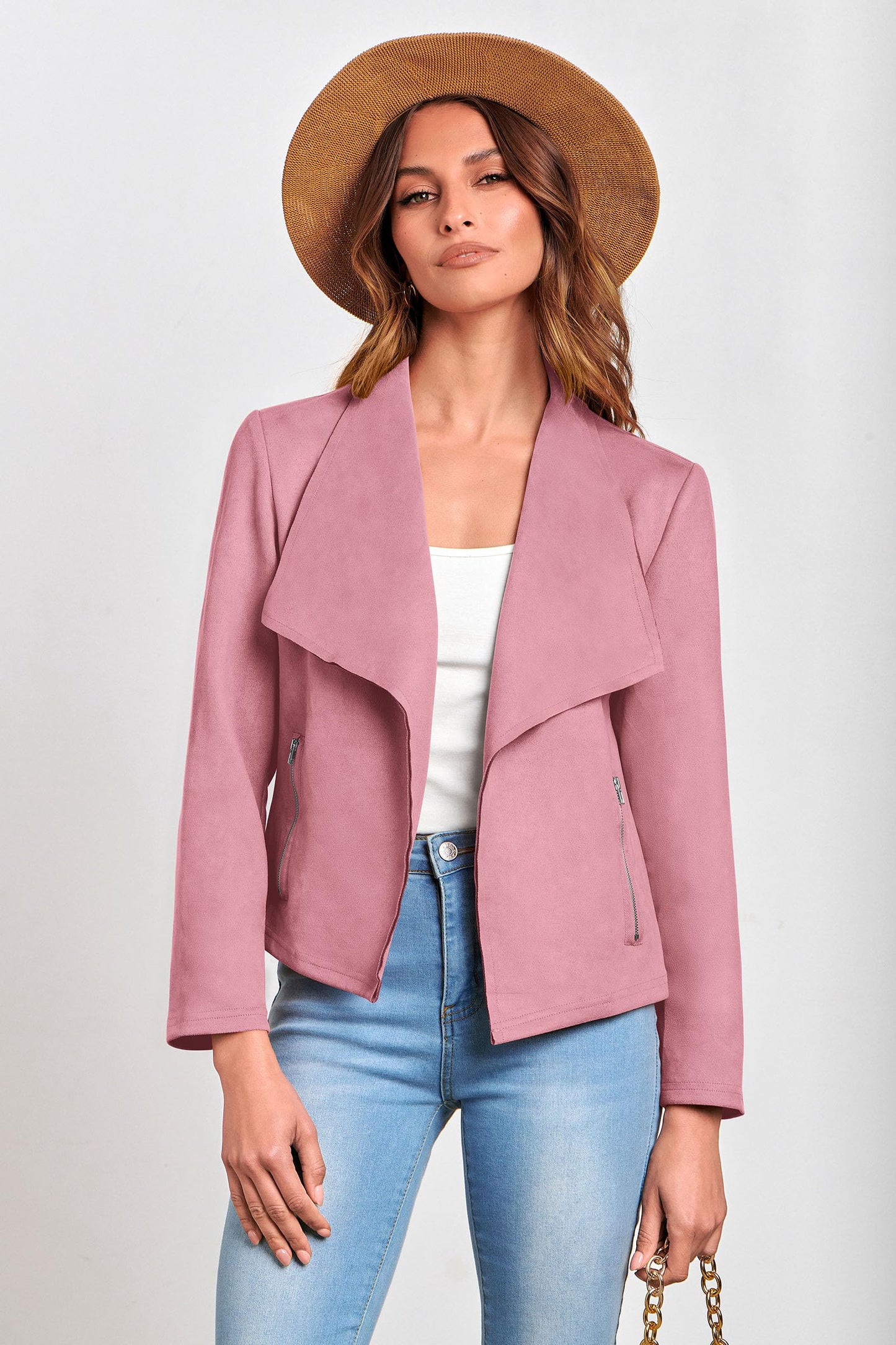 PRETTYGARDEN Fashion Fall Jackets For Women 2026 Open Front Faux Suede Leather Short Jacket Coats Outerwear (Pink,Large)