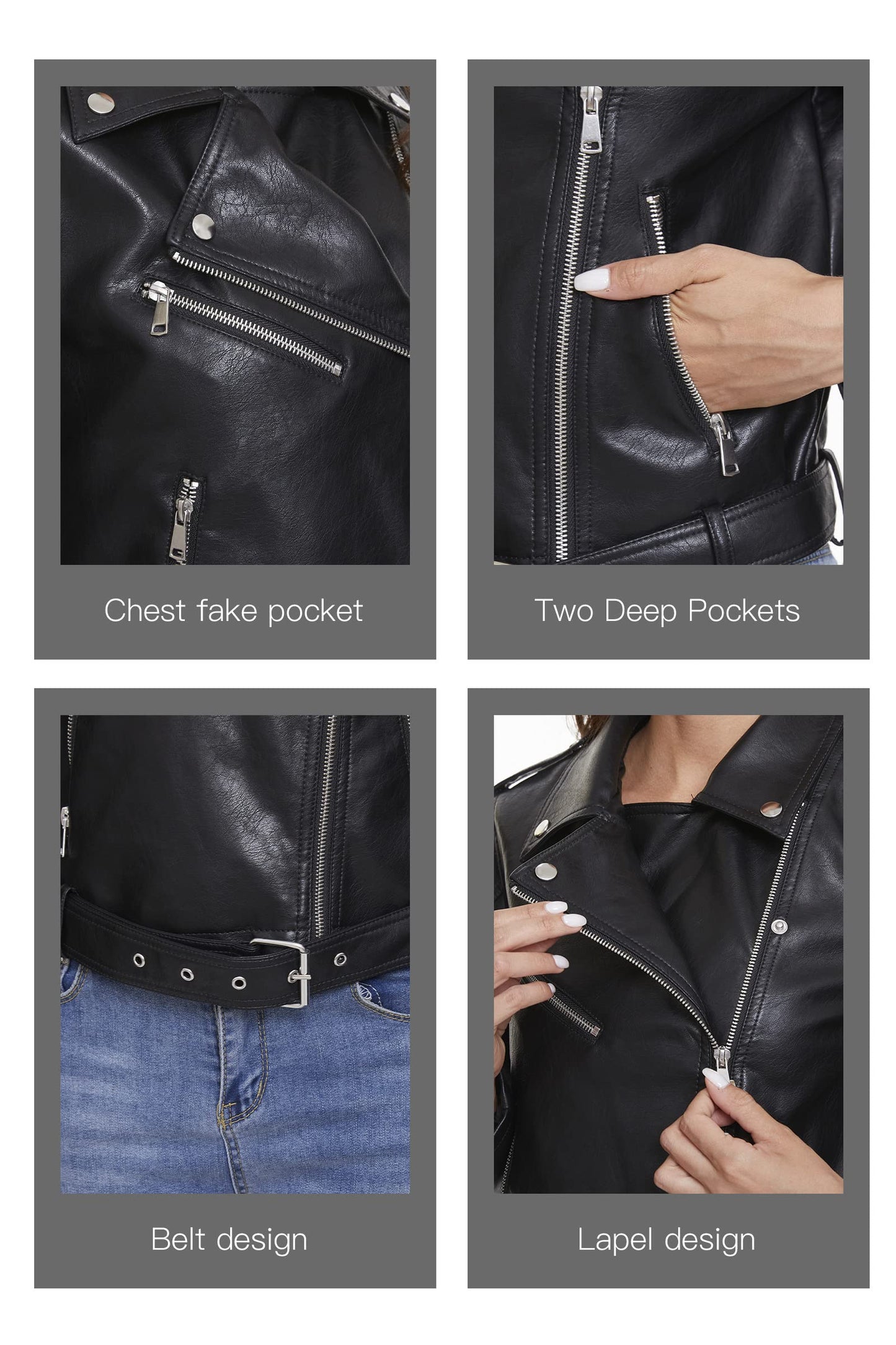 Fahsyee Women's Faux Leather Jackets with Belt, Zip Up Motorcycle Short PU Moto Biker Outwear Fitted Slim Coat Black Size M