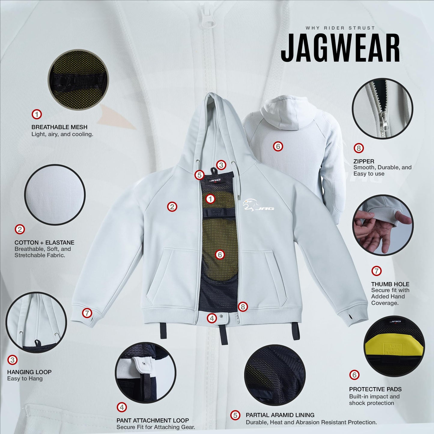 JAG Motorcycle Protective Hoodie with Partial Aramid Lining, Riding Jacket