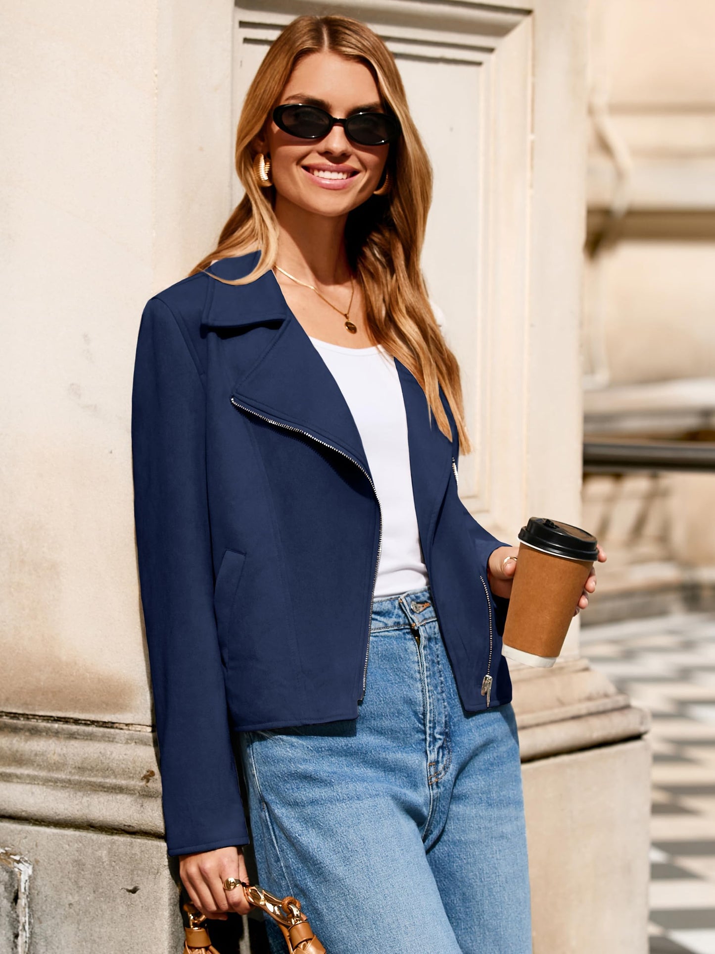 Glamaker Womens Faux Suede Jackets Long Sleeve Casual Cropped Zipper Biker Moto Jacket Fall Winter Outfits(Navy Blue,Small)