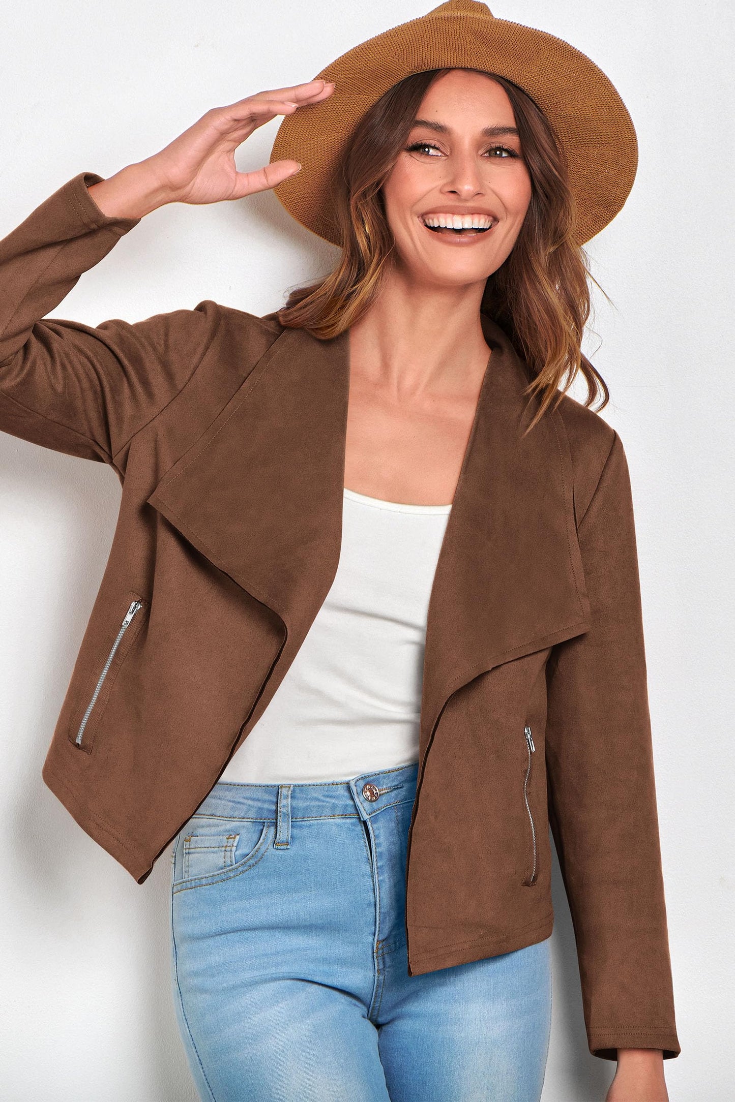 PRETTYGARDEN Women 2026 Fashion Fall Coats Outerwear Long Sleeve Open Front Crop Faux Suede Leather Jackets (Coffee,Large)