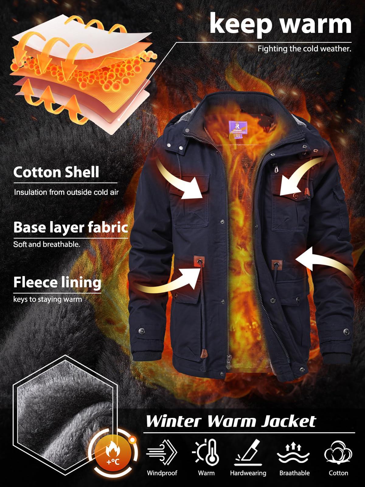 SPOSULEI Winter Jackets for Men Cotton Work Fleece lined warm Army Jacket Heavy Winter Military Coat with 9 Pockets Dark Blue M