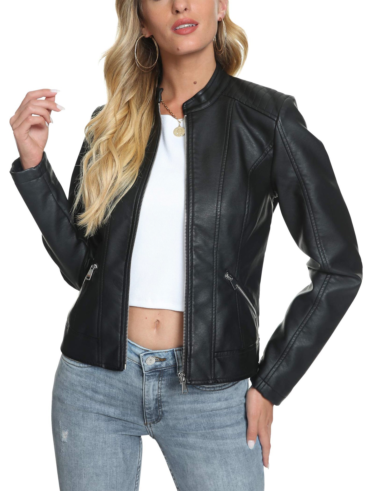 Fahsyee Women's Faux Leather Jackets,Black Crop Petite Zip Up Motorcycle Short PU Moto Biker Outwear Stand Collar Fitted Slim Coat, Size XL