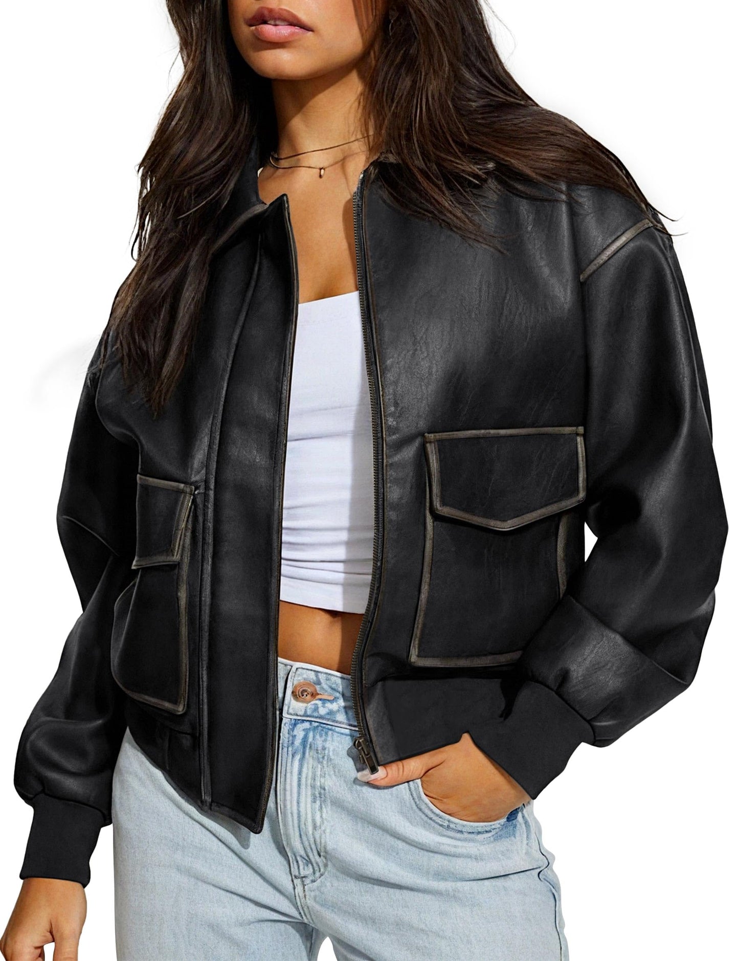Nitzana Women's Faux Leather Jacket Trendy 2026 Oversized Zip Up Motorcycle Bomber Jacket Coats Fall Winter Outerwear Black M