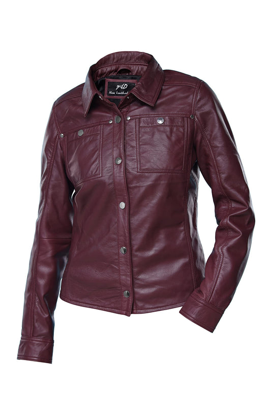 Jild Womens Button Front Lambskin Leather Jacket Shacket - Casual Shirt Long Sleeve Leather Jacket Women with Bust Pocket (Burgandy-L)