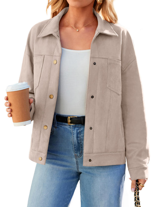 Womens Faux Suede Jacket Button Down Lightweight Fall Coats Beige L