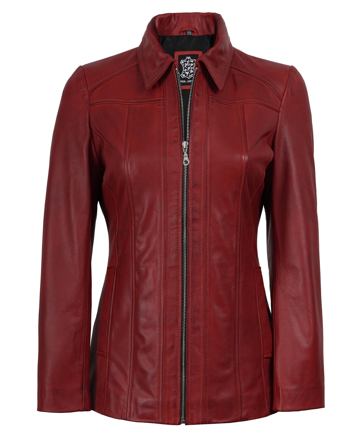 fjackets Real Lambskin Shirt Collar Style Women Leather Coat -Stylish Leather Jackets, Marsha Women's Jacket Red Wax| [1332066], 2XL