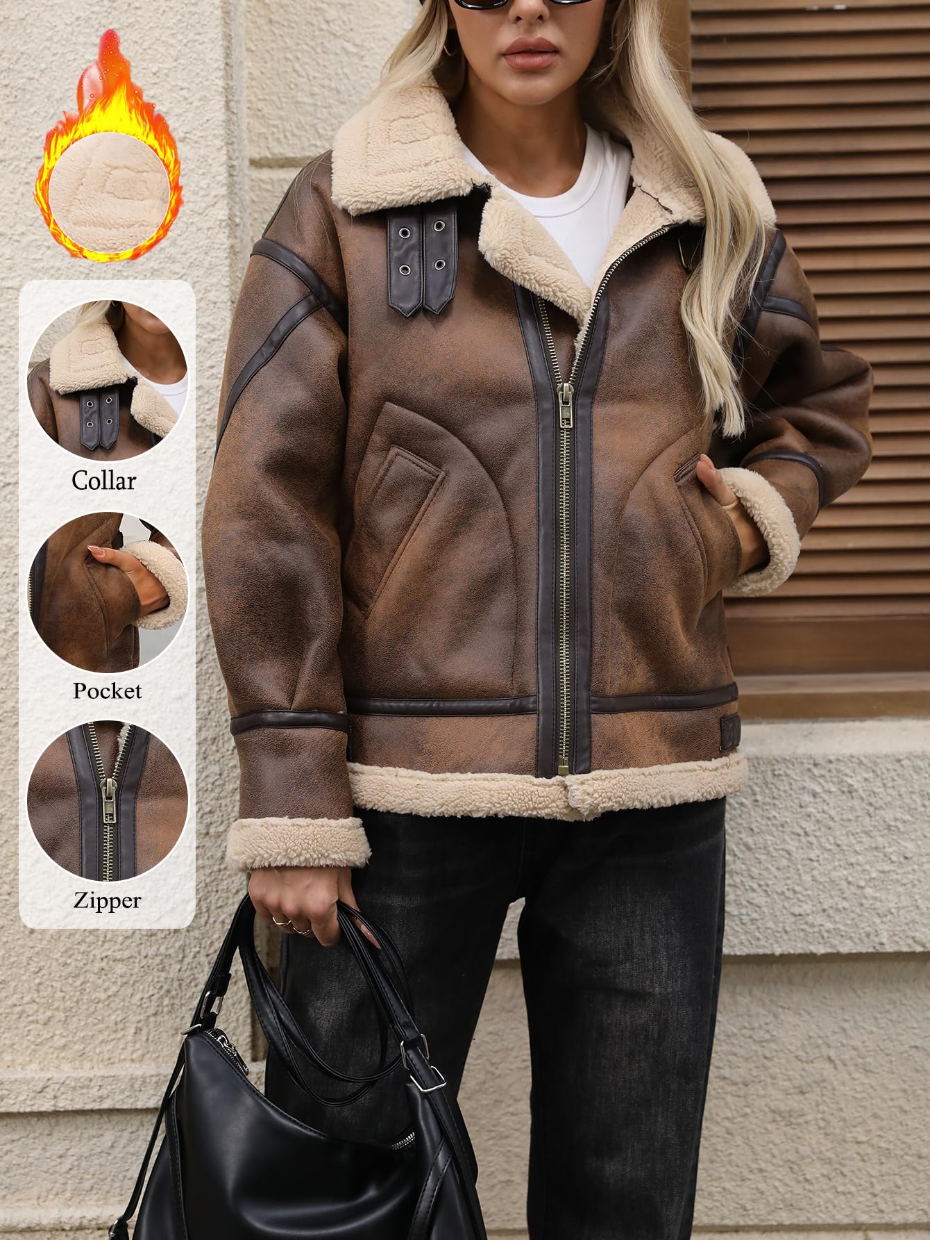 LY VAREY LIN Women Faux Leather Jacket Sherpa Aviator Bomber Coat