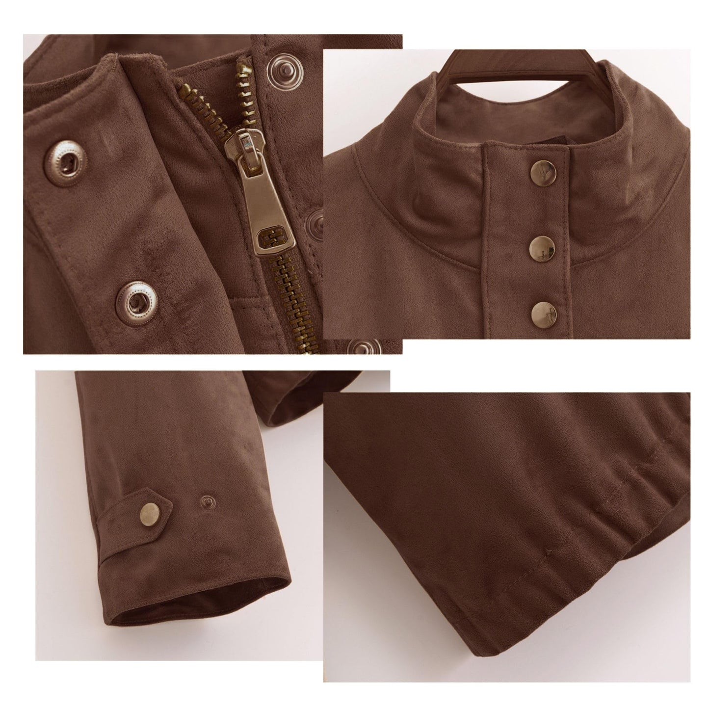 Xunger Women's Cropped Faux Suede Jacket Casual High Neck Utility Button Front Coat Streetwear Outerwear with Pockets(1090-Brown-M-RD)