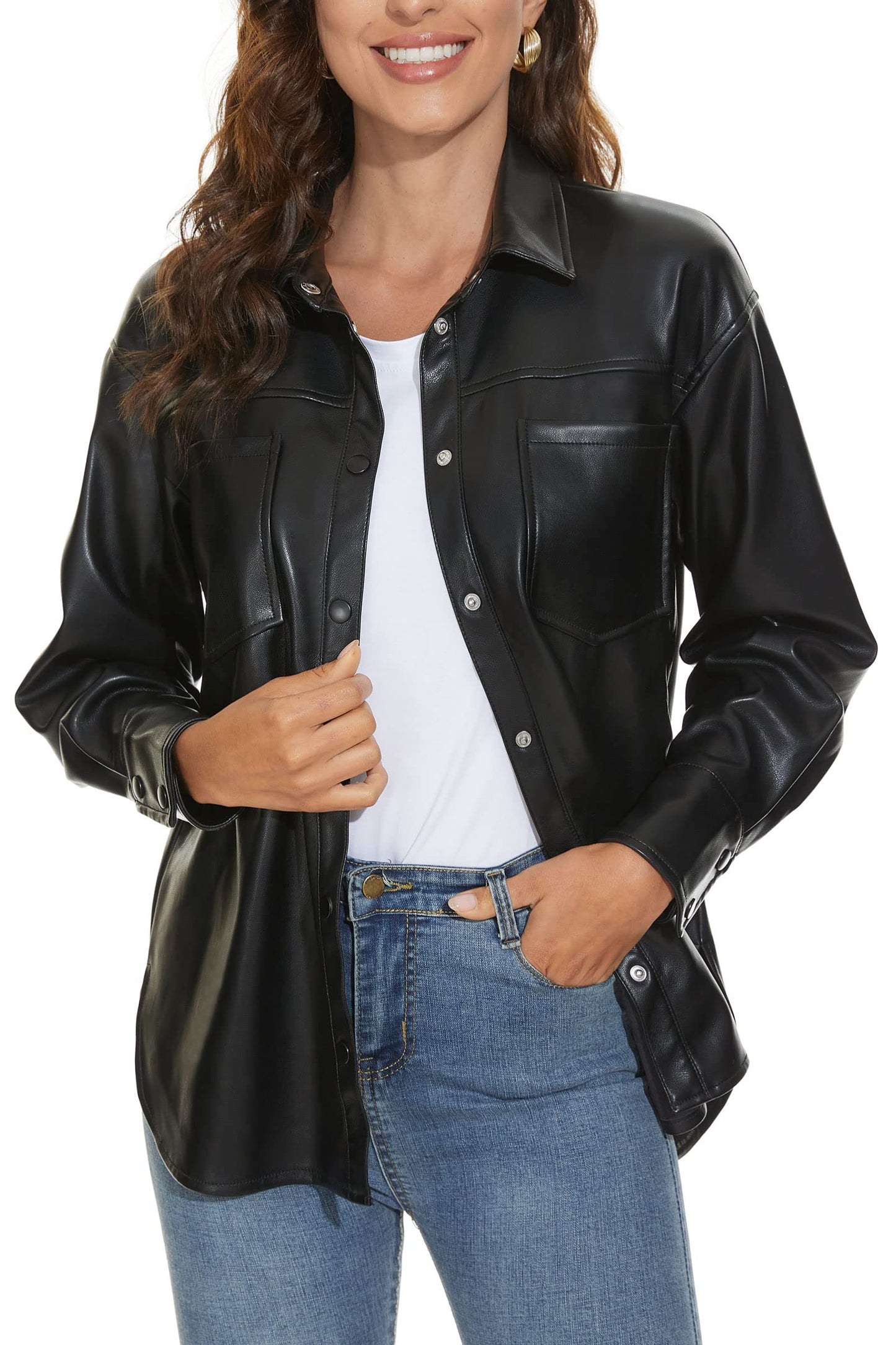 Fahsyee Women Faux Leather Shacket Moto Biker Shirts Loose Fit Blazer Long Sleeves Button Casual Jacket Plus Size S-XXL