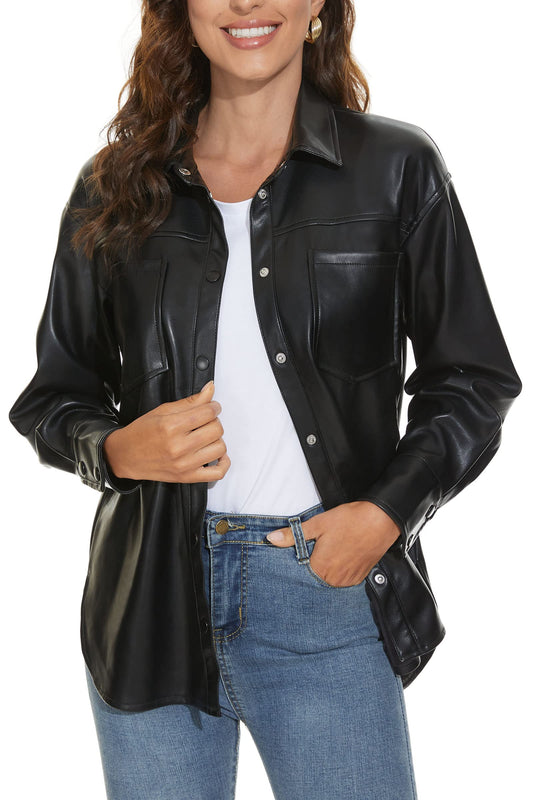 Fahsyee Women Faux Leather Shacket Moto Biker Shirts Loose Fit Blazer Long Sleeves Button Casual Jacket Plus Size S-XXL