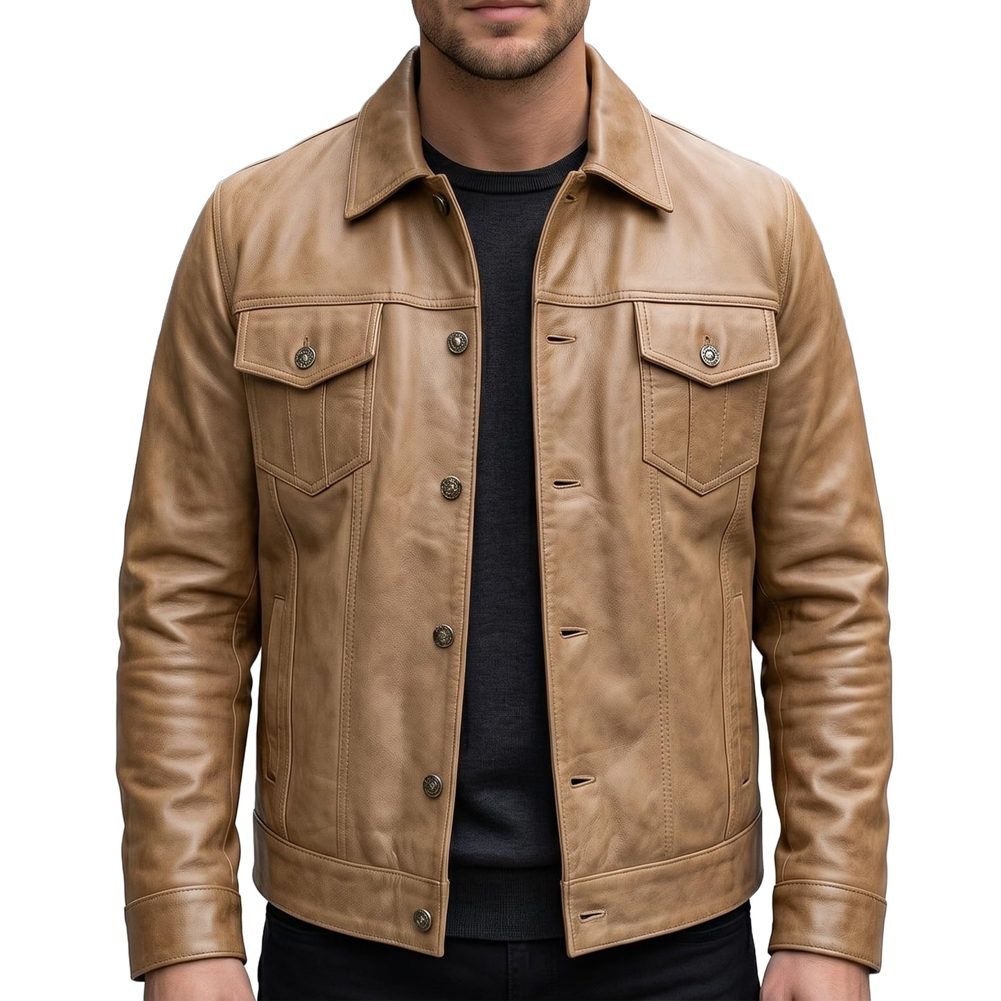UrbanFocal Brown Leather Jacket Men - Real Lambskin Trucker Men's Leather Jackets | [101002103] F.Trucker Camel, M