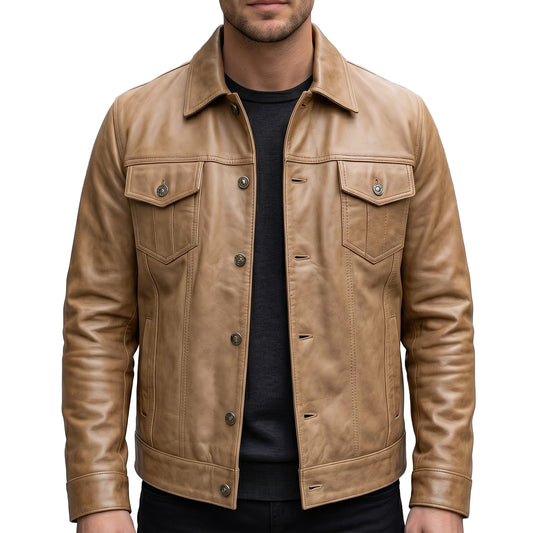UrbanFocal Brown Leather Jacket Men - Real Lambskin Trucker Men's Leather Jackets | [101002103] F.Trucker Camel, M