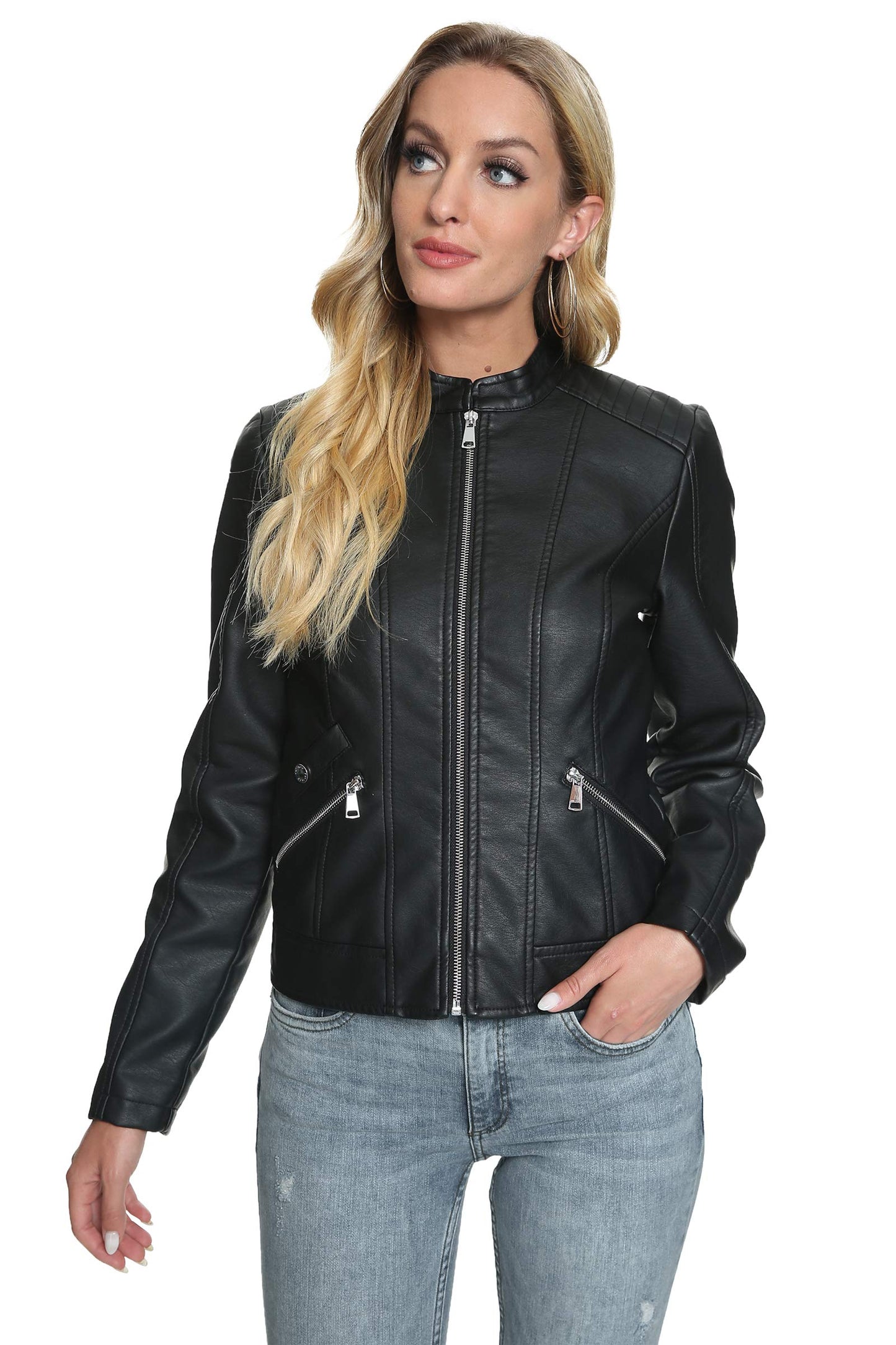 Fahsyee Women's Faux Leather Jackets,Black Crop Petite Zip Up Motorcycle Short PU Moto Biker Outwear Stand Collar Fitted Slim Coat, Size XL