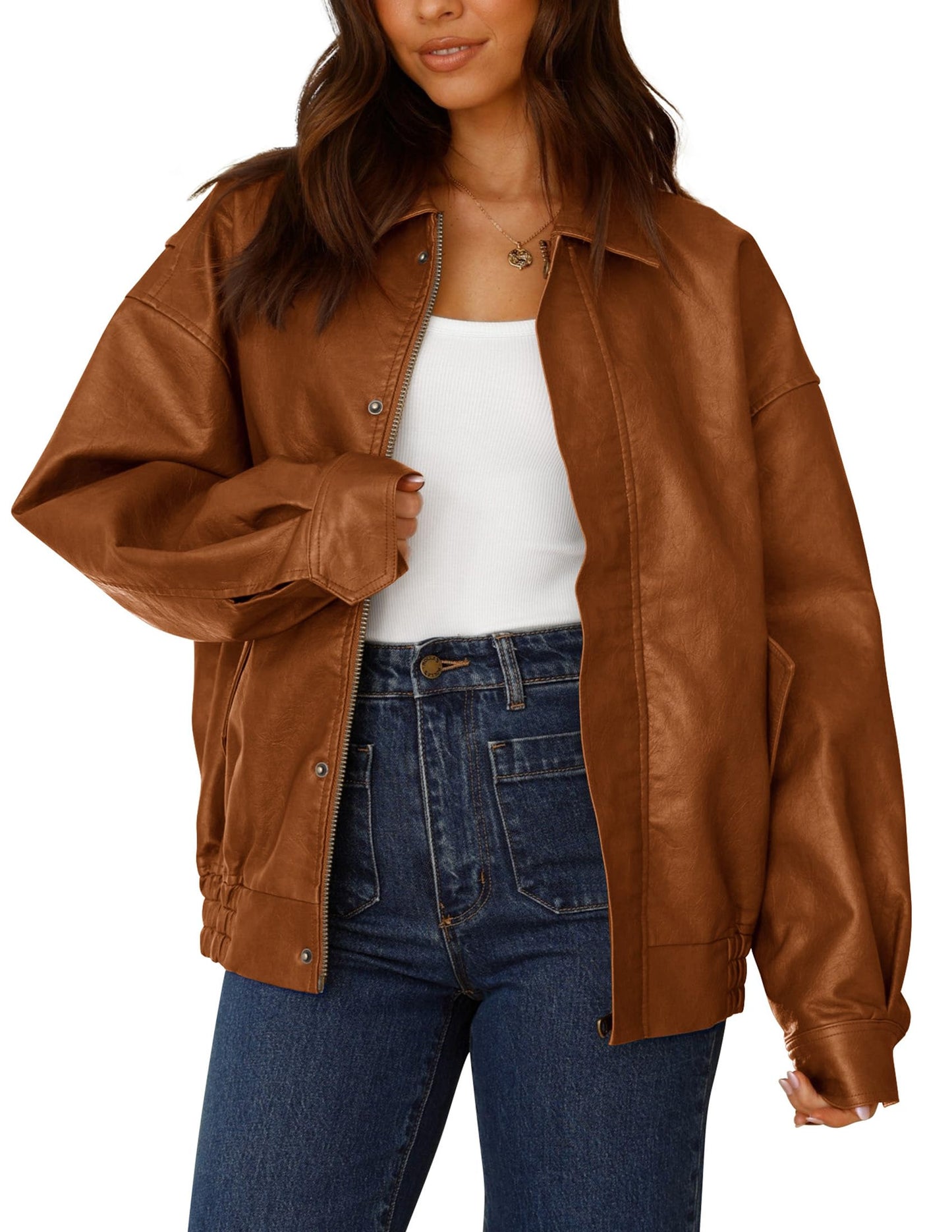 PRETTYGARDEN Women's Faux Leather Motorcycle Jacket Trendy Fall Spring Clothes Oversized Zip Up Winter Coat Outerwear (Brown,Medium)