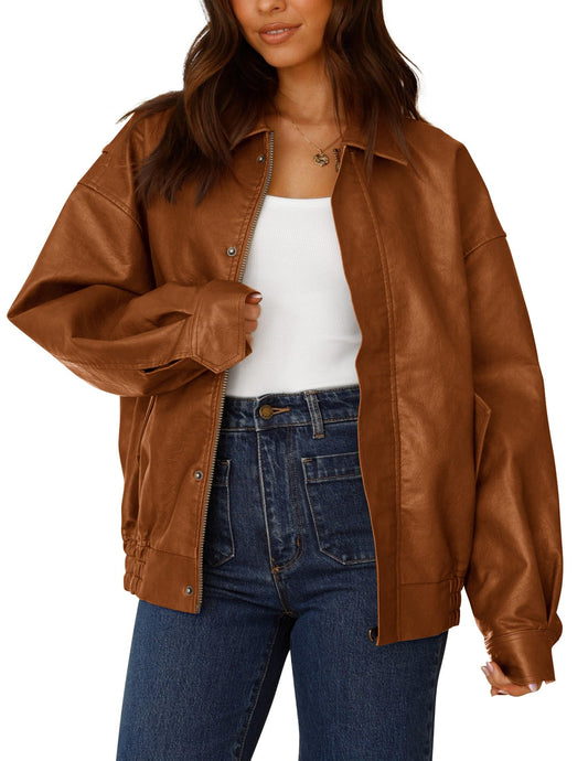 PRETTYGARDEN Women's Faux Leather Motorcycle Jacket Trendy Fall Spring Clothes Oversized Zip Up Winter Coat Outerwear (Brown,Medium)