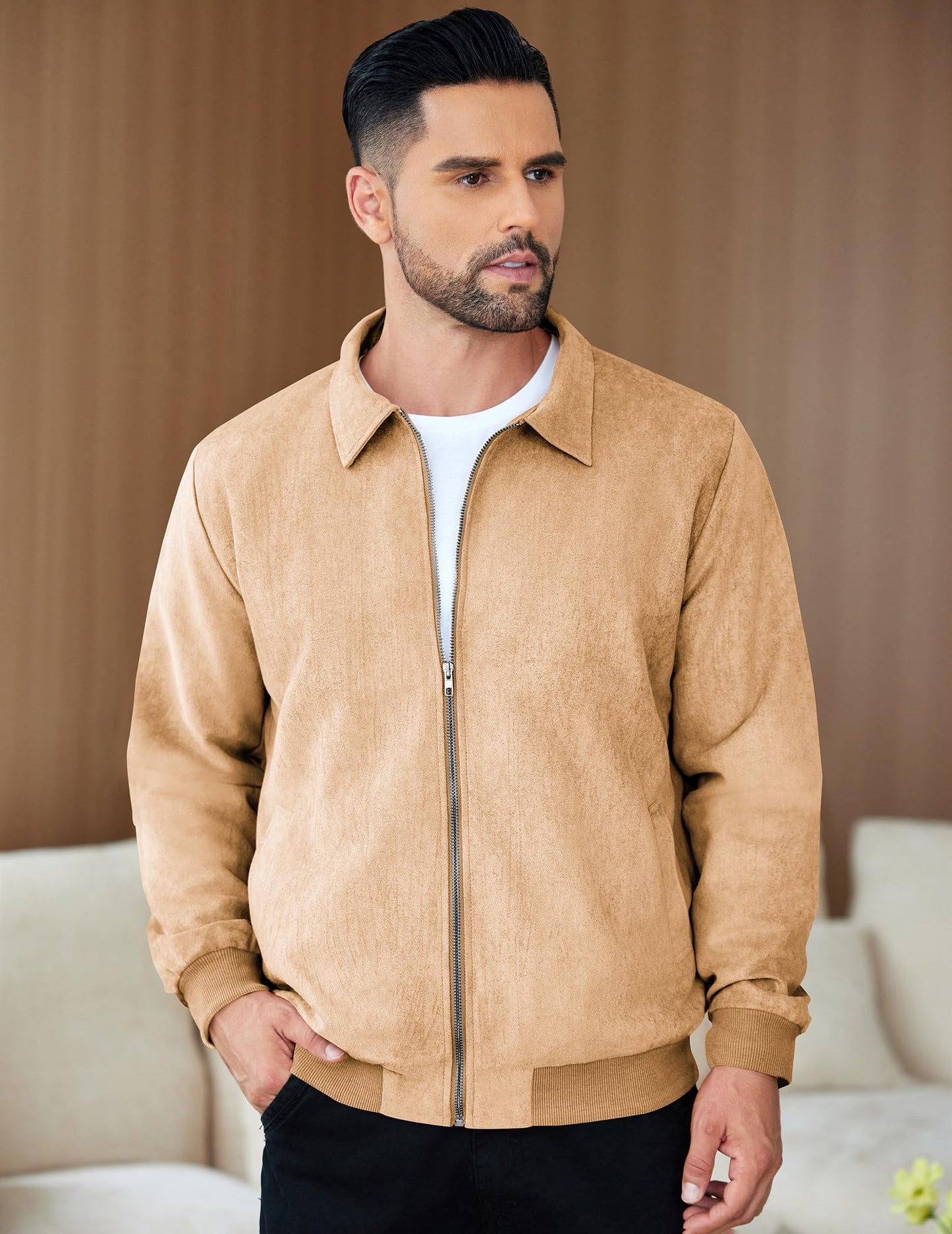COOFANDY Mens Zip Up Suede Jacket Casual Stylish Leather Jacket Light Tan