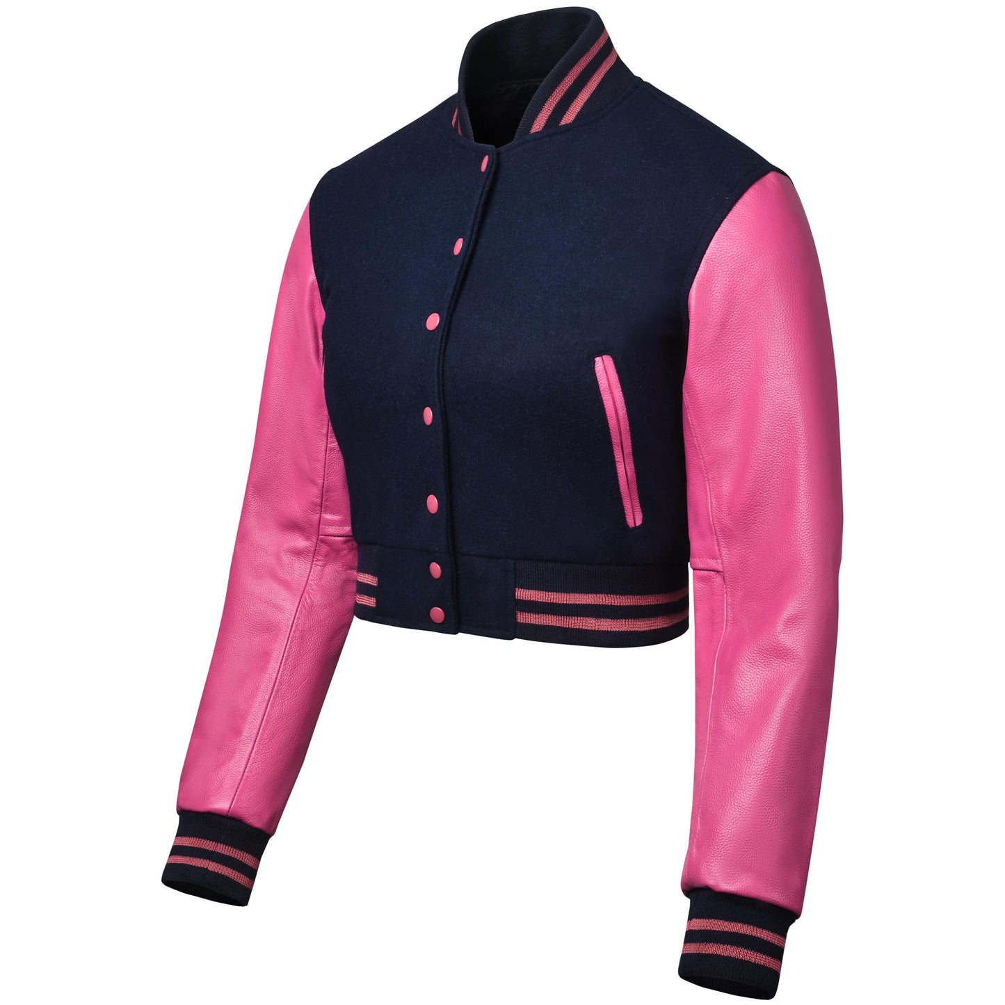 Cropped Varsity Jacket Women – Letterman Jacket Woman with 100% Cowhide Leather Sleeves & Wool Body – Baseball Jacket for Woman – Button Closure