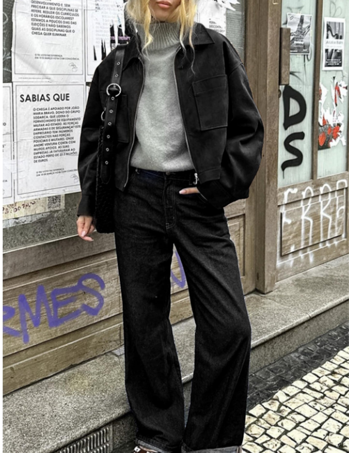 Eclisseaura Women's Long Sleeve Loose Fit Color-Blocked Collar Suede Pocket Jacket(Black-M)