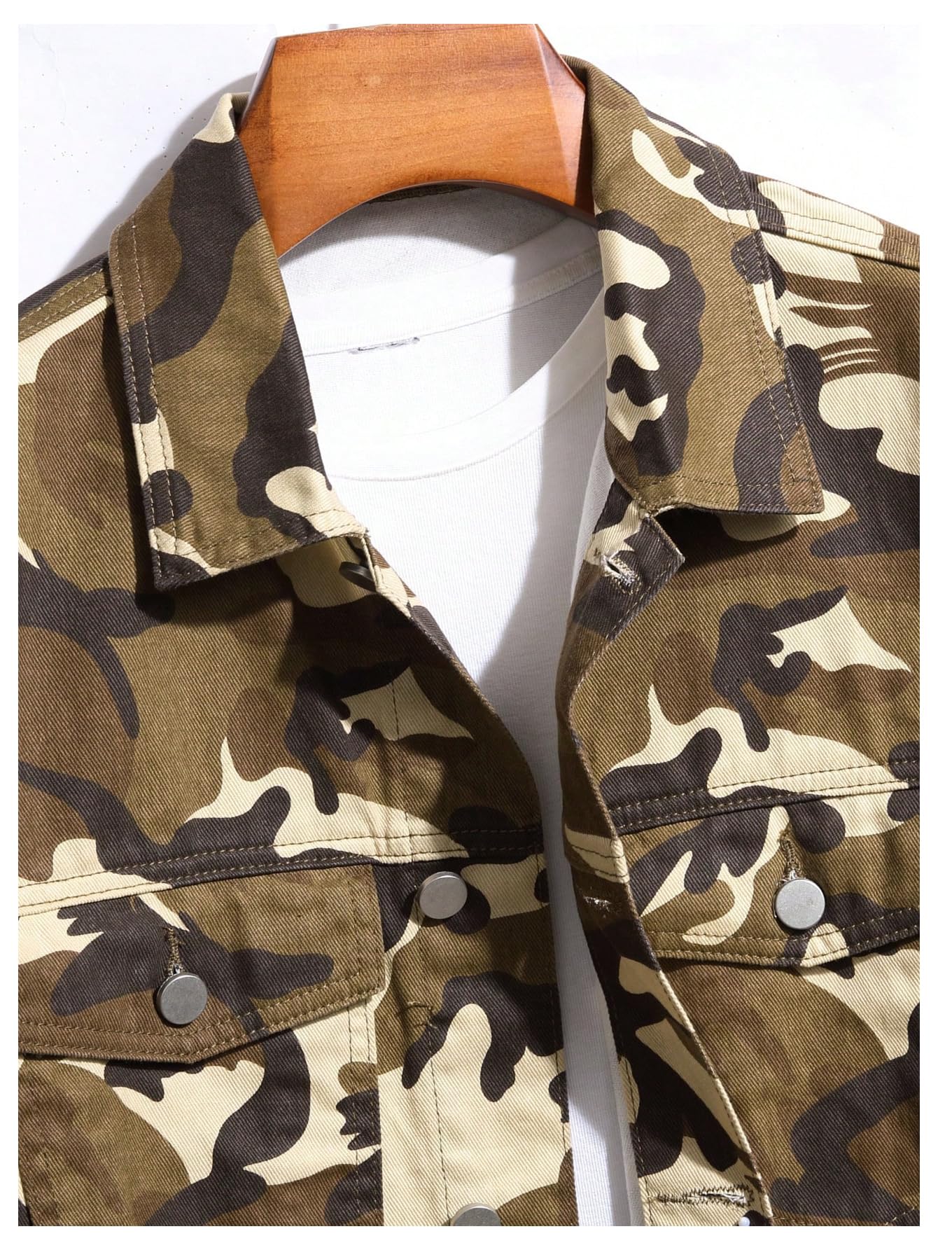 SOLY HUX Men's Denim Jacket Letter Graphic Button Down Flap Pocket Long Sleeve Streetwear Jacket Multicolor Camo Small