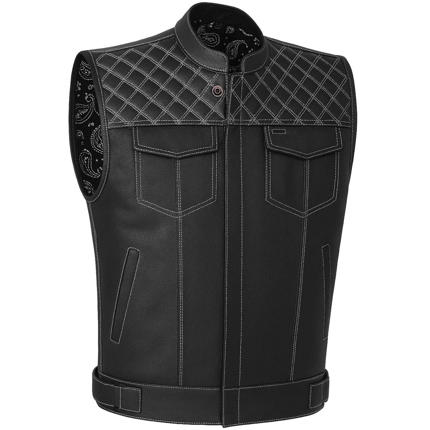 Jackets 4 Bikes SOA Men's Motorcycle Vest, Geniune Buffalo Leather, Back Armor, Inside Pockets, Motorbike Riding Club Vests Paisley White L
