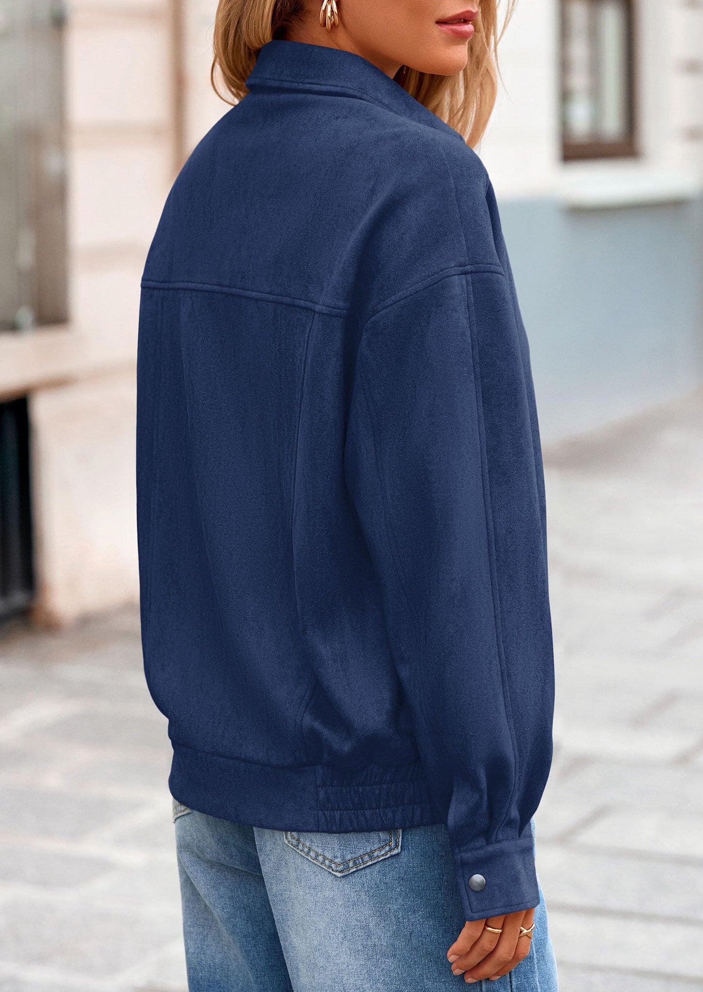 PRETTYGARDEN Faux Suede Bomber Jacket Women Fall Fashion 2026 Casual Zip Up Oversized Trendy Winter Clothing Outerwear Coats (Navy Blue,Small)