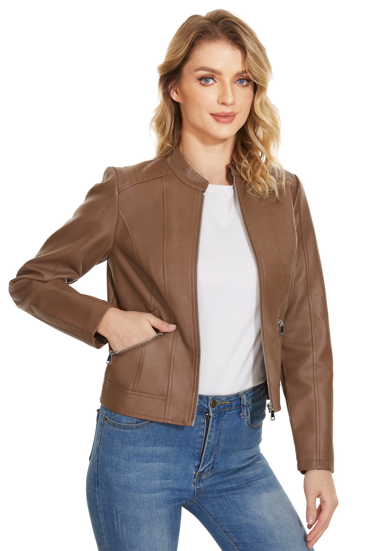 Fahsyee Women's Faux Leather Jackets, Camel Crop Petite Zip Up Motorcycle Short PU Moto Biker Outwear Stand Collar Fitted Slim Coat, Size S