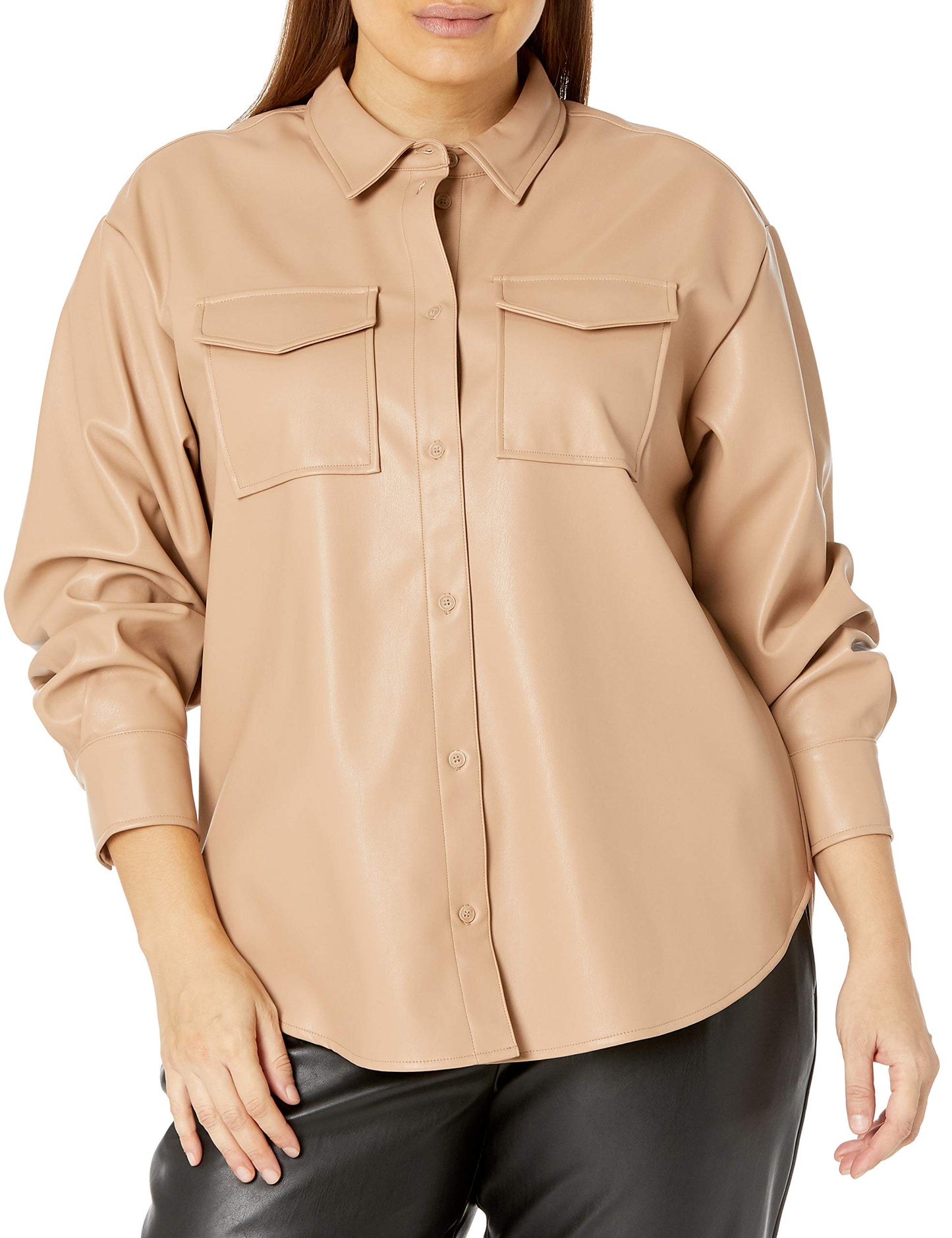 The Drop Women's @lisadnyc Faux Leather Long Shirt Jacket, Camel, S