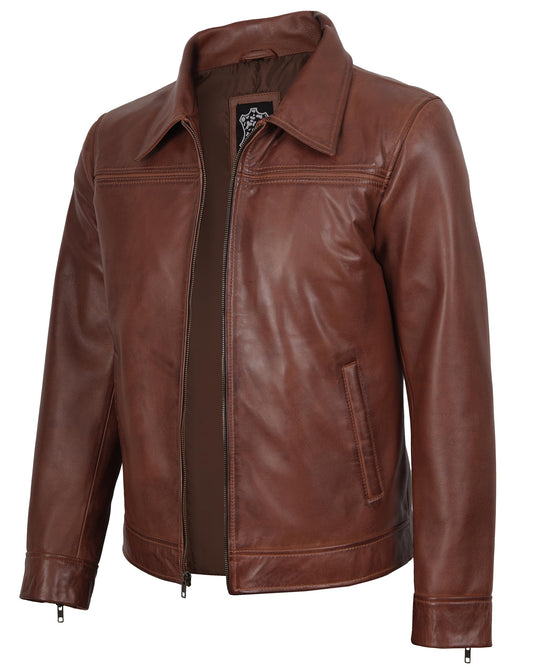Decrum Leather Biker Jacket Men - Leather Jacket Men | [1130734] Mrk Cognac, L