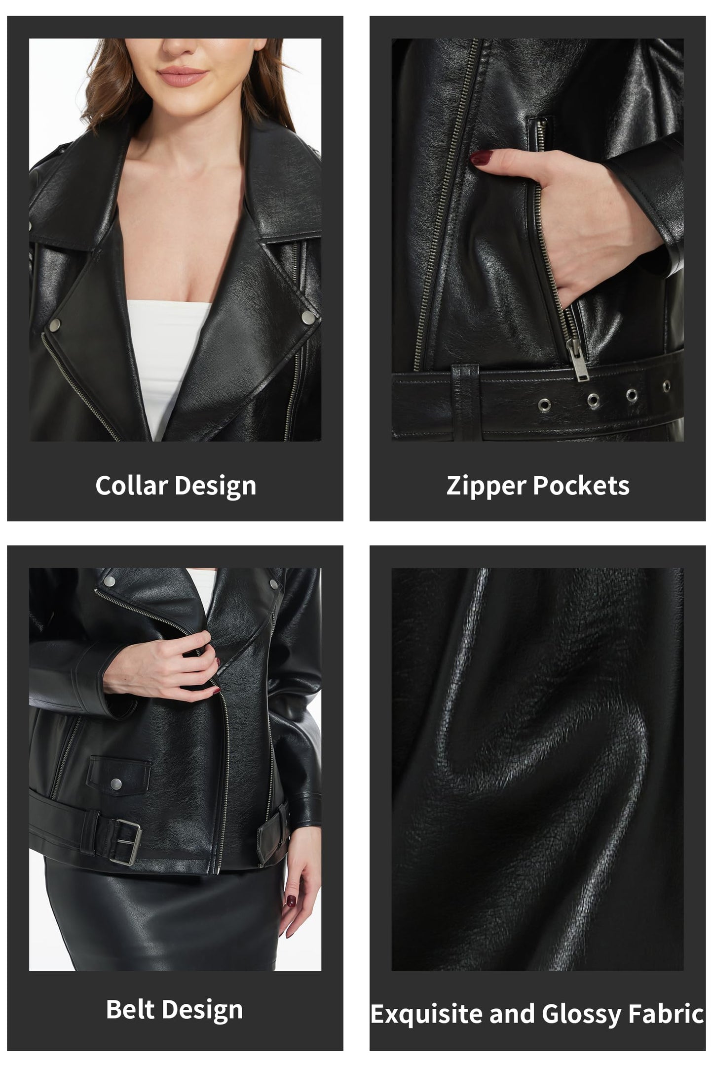 Fahsyee Women's Faux Leather Jacket, Plus Size Moto Biker Coat Black XL