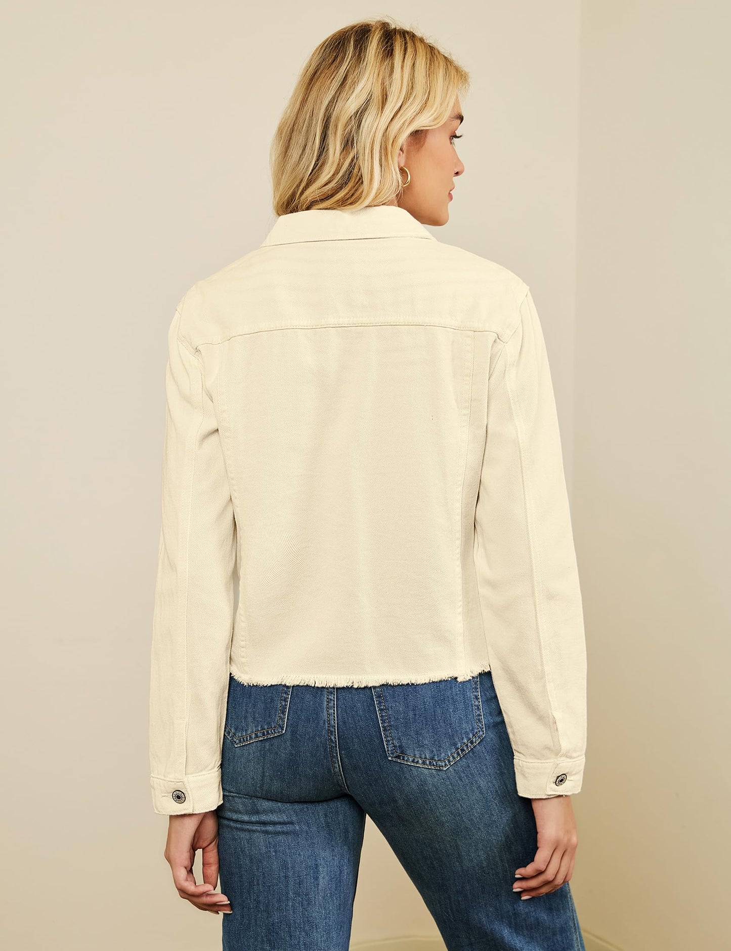 luvamia Denim Jacket for Women Distressed Jean Jackets Button Up Vintage Western Trucker Jacket Frayed Hem Pockets Vanilla Medium
