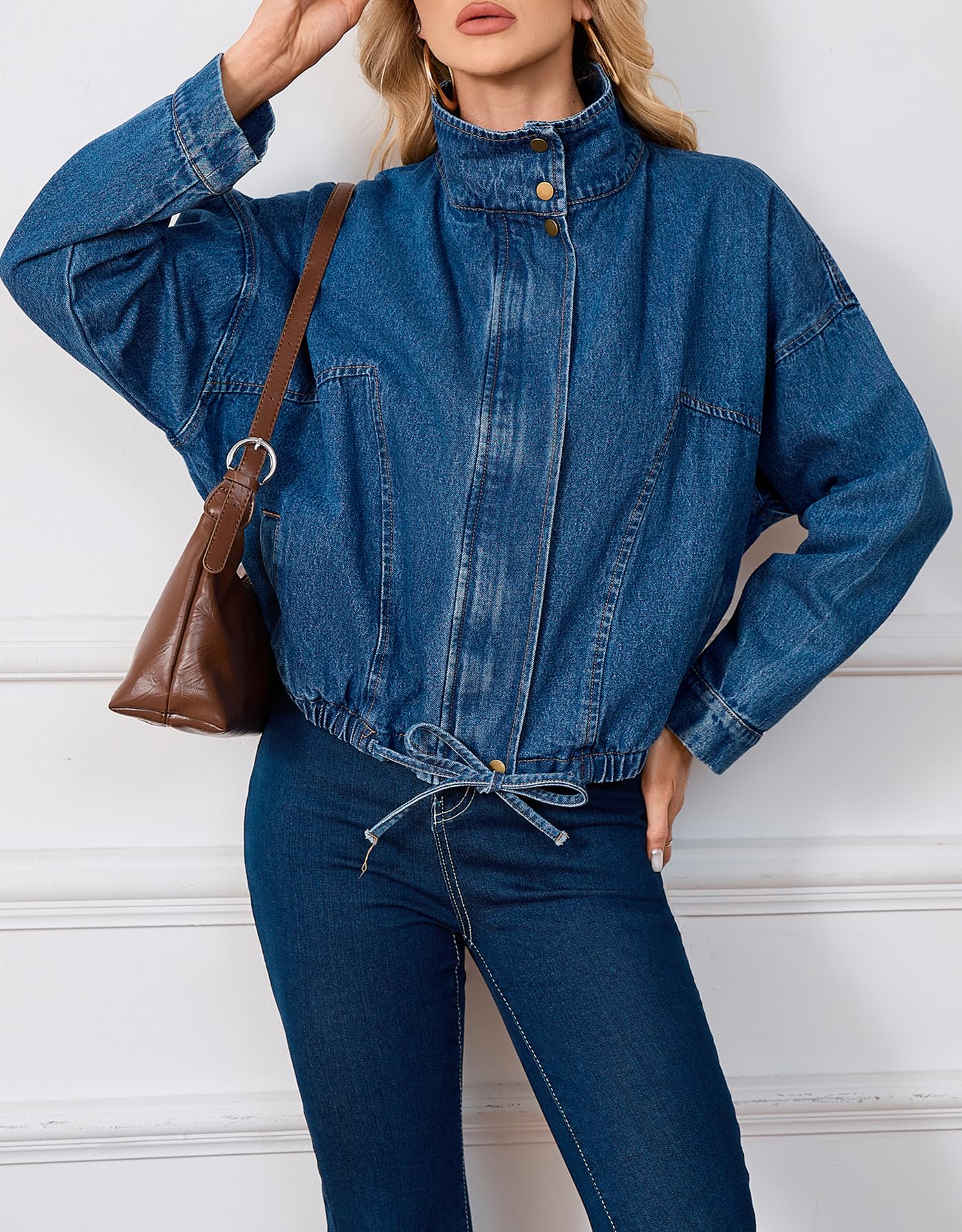 Ladyful Women's Oversized Jean Jacket Boyfriend Denim Bomber Jackets Shacket Long Sleeve Casual Trendy Zip Up Shirt Coat(Blue-XL)
