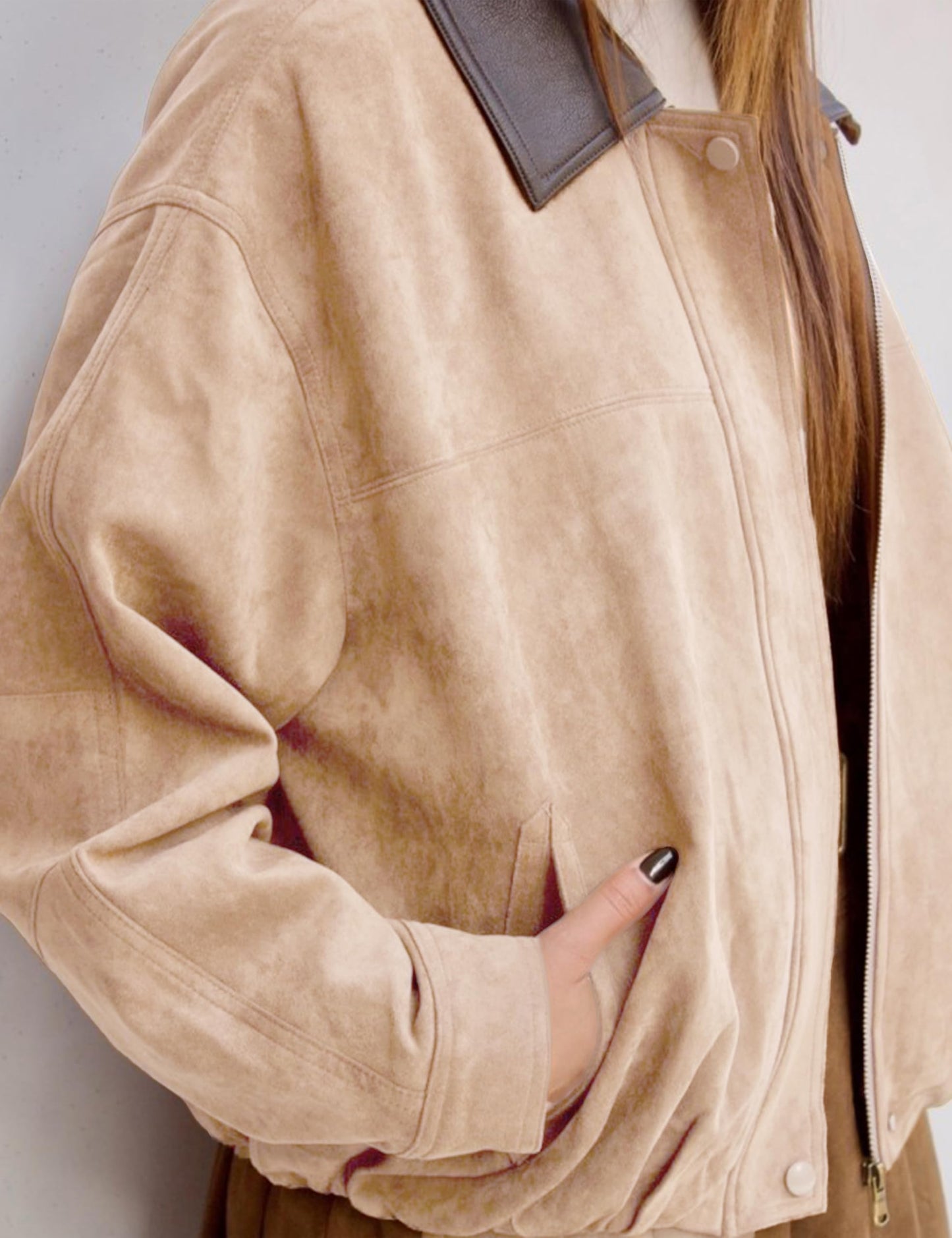 Yegthou Womens Faux Suede Bomber Jacket Casual Lapel Pilot Cropped Jackets Oversized Motorcycle Zip Up Outerwear Coats(Khaki-S)
