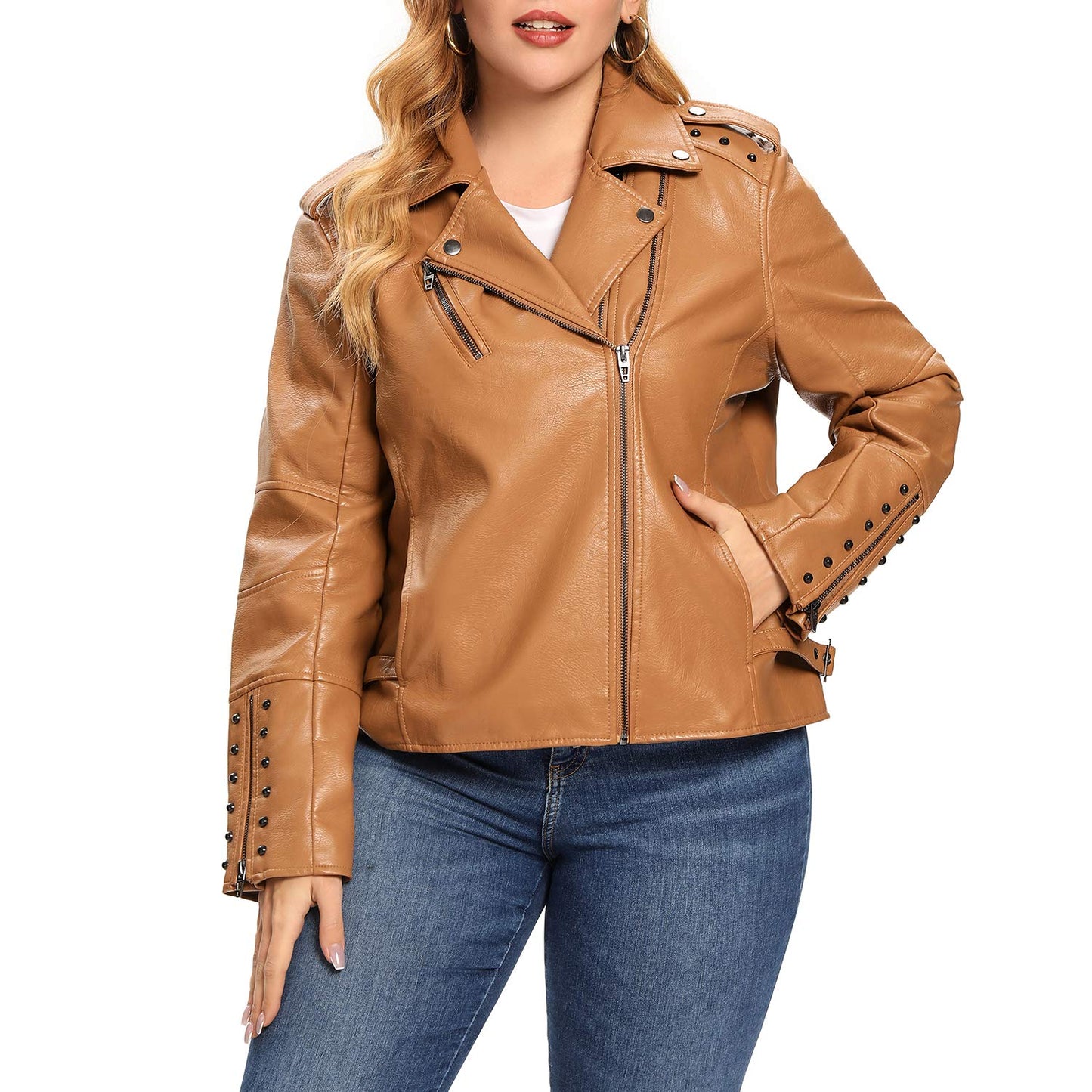 S P Y M Womens Faux Leather Jacket, Double Zip Up Coat, Moto Biker Outwear with Rivets, Regular and Plus Size