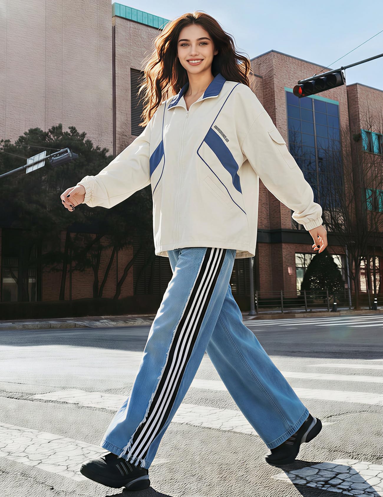Wyeysyt Women Windbreaker Jacket Y2k Varsity Oversized Jacket(02White-L)