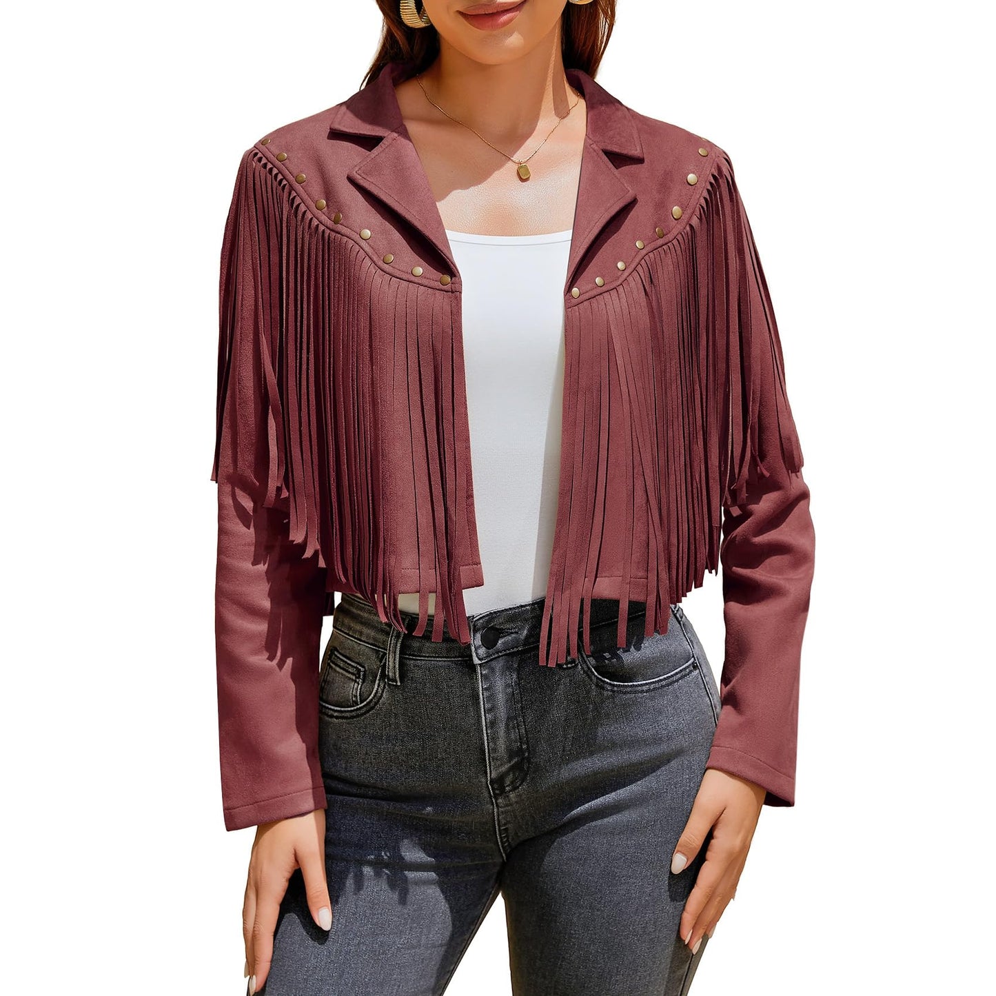 UpFind Women's Fringe Faux Suede Leather Jackets Fashion Fall Western Tassel Motorcycle Cropped Open Front Coats with Rivets, Wine Red/Medium