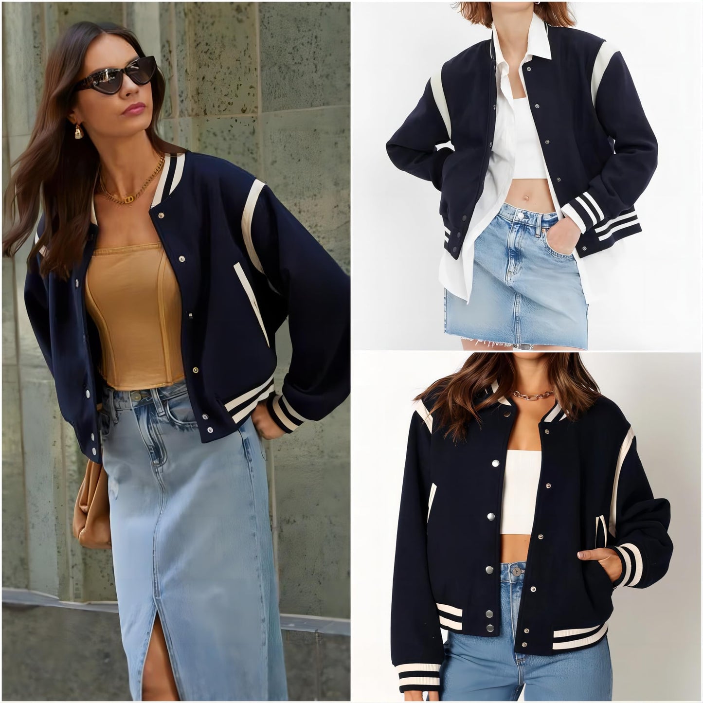 Zeagoo Varsity Jackets Women's Fashion Fall Stripe Casual Work Office School Outfits Lightweight Pocketed Bomber Jacket